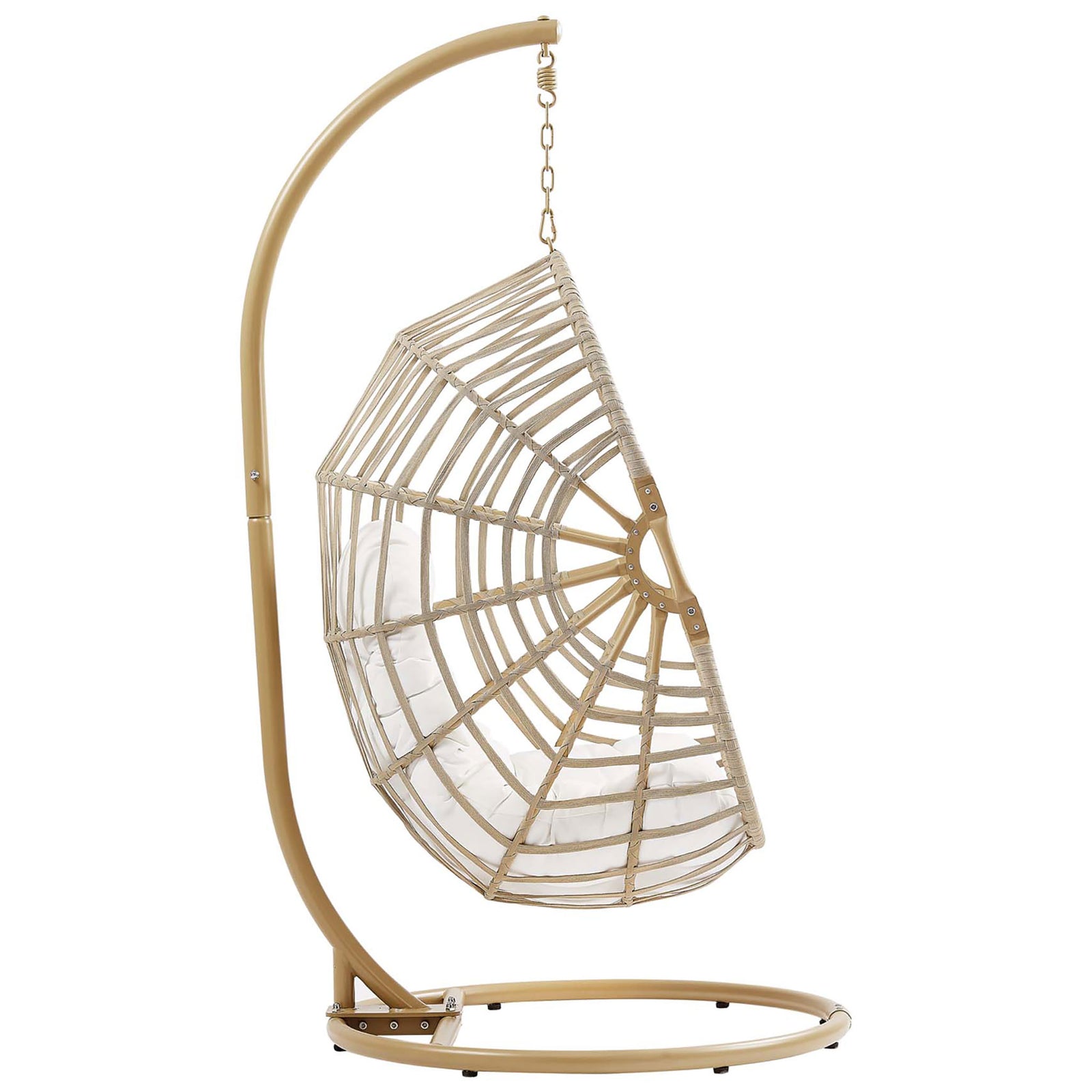 Rattan swing chair with airy lattice frame and sturdy hanging chain attached to the metal stand || EEI-6337-NAT-WHI || side_studio