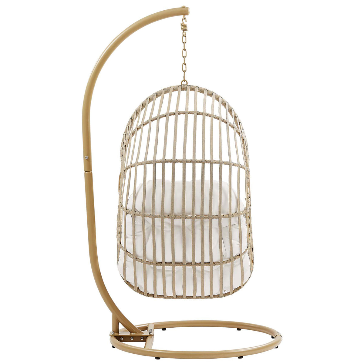 Woven rattan swing chair with curved grid design and supportive steel stand for outdoor lounging || EEI-6337-NAT-WHI || back_studio