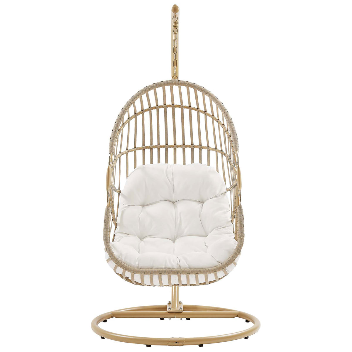 Natural rattan outdoor hanging egg chair with white tufted cushion and freestanding metal stand || EEI-6337-NAT-WHI || front_studio