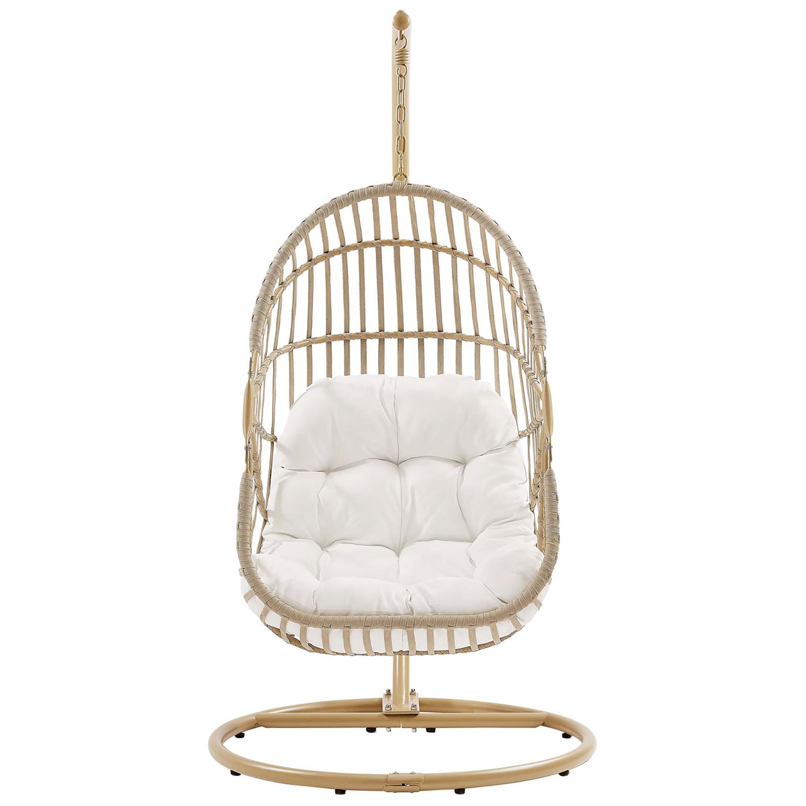 Natural rattan outdoor hanging egg chair with white tufted cushion and freestanding metal stand || EEI-6337-NAT-WHI || front_studio