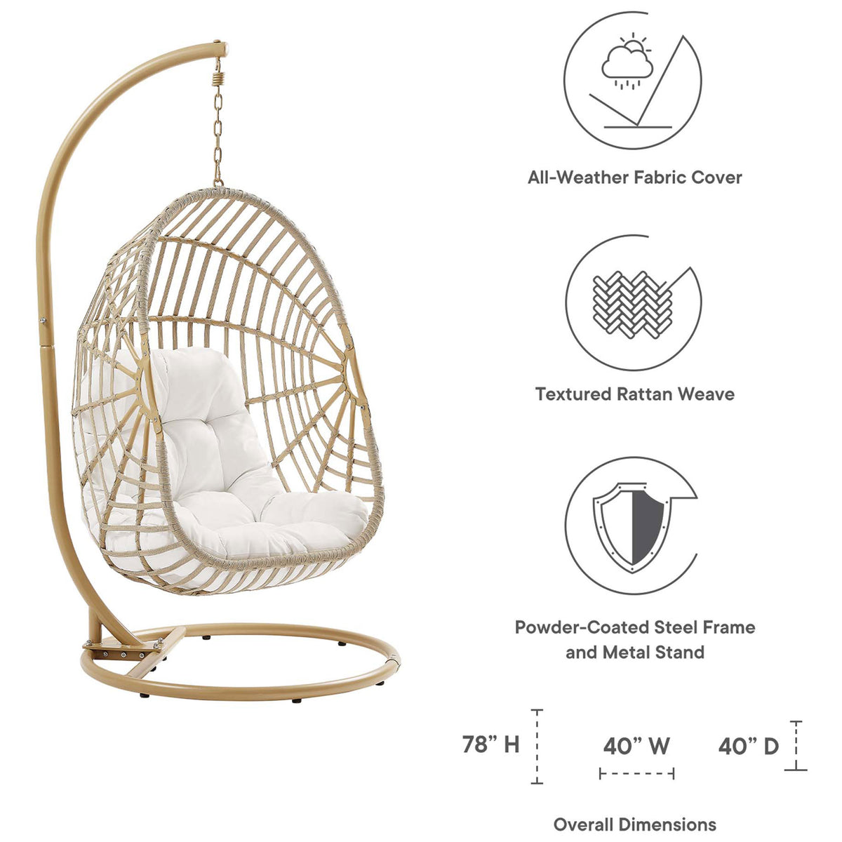 Outdoor rattan swing chair with white cushion and icons calling out all-weather fabric, steel frame, and overall dimensions || EEI-6337-NAT-WHI || dimension_studio