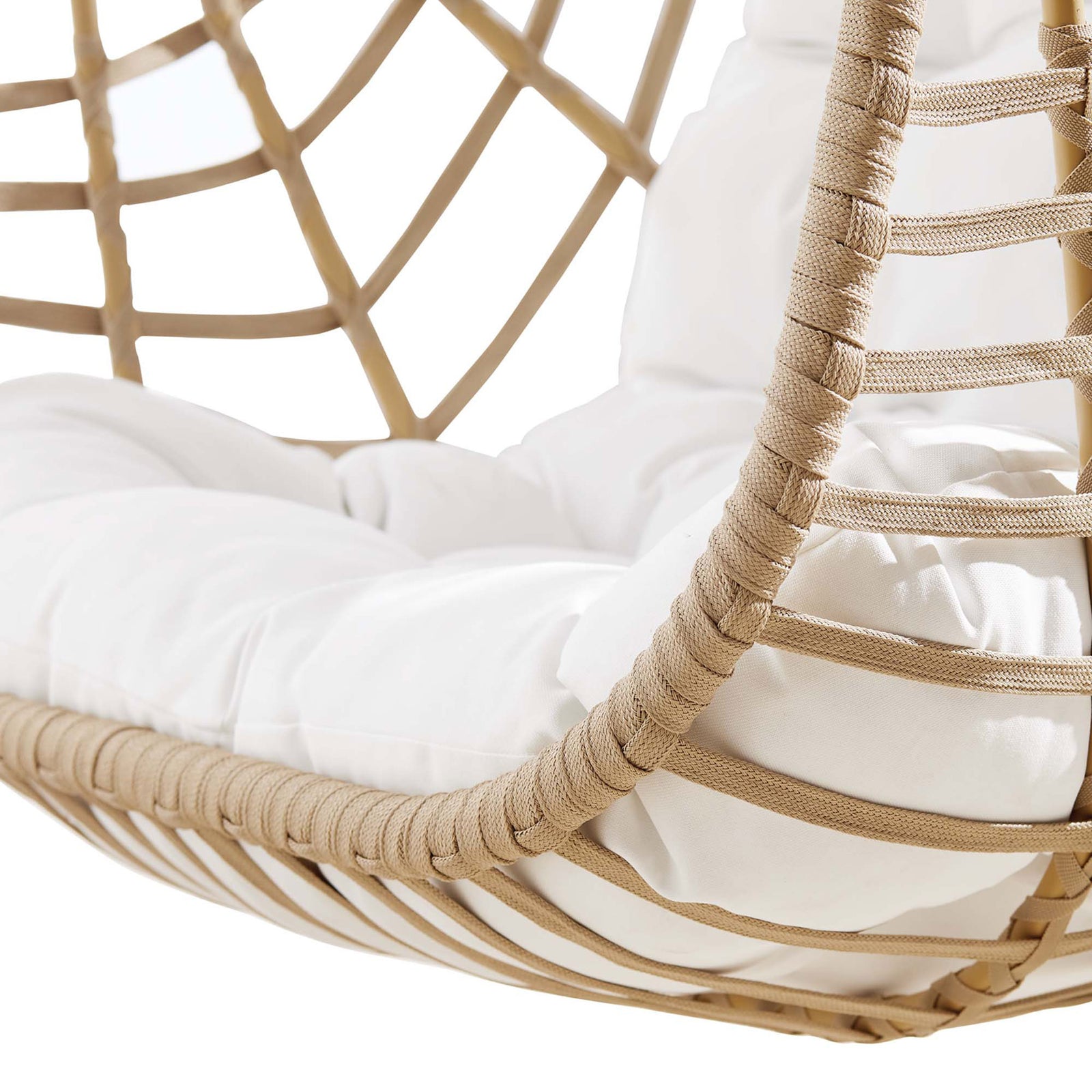 Plush white tufted seat cushion resting in the handwoven rattan edge of the outdoor swing chair || EEI-6337-NAT-WHI || detail_studio