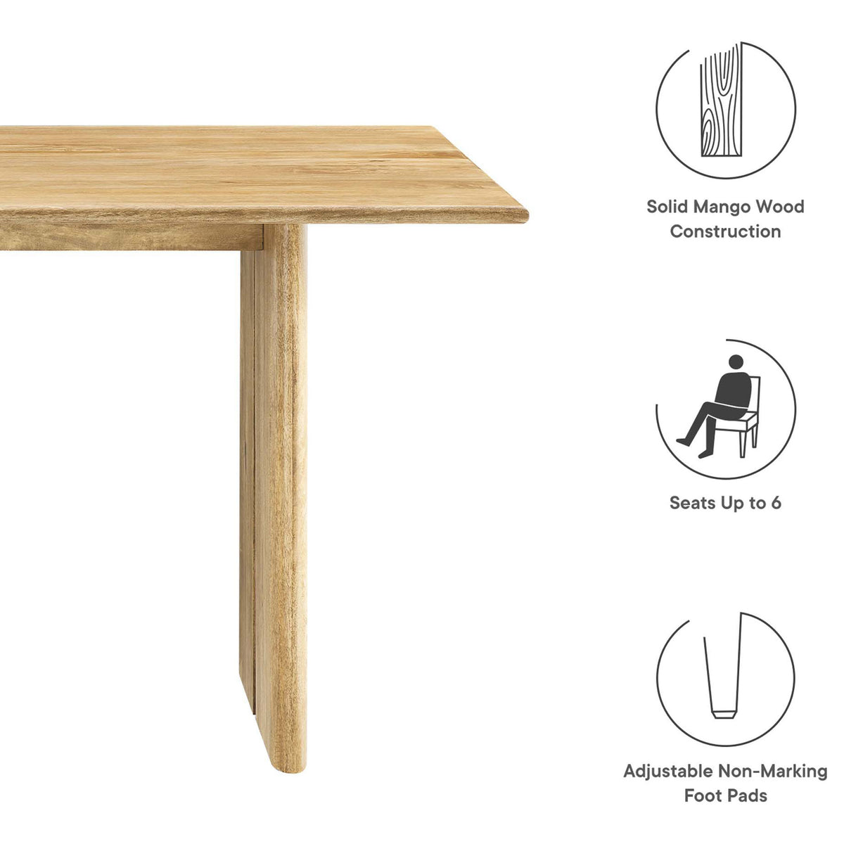 Feature graphic for the 60 inch dining table highlighting solid mango wood and seating for six. || EEI-6338-OAK || callout_studio