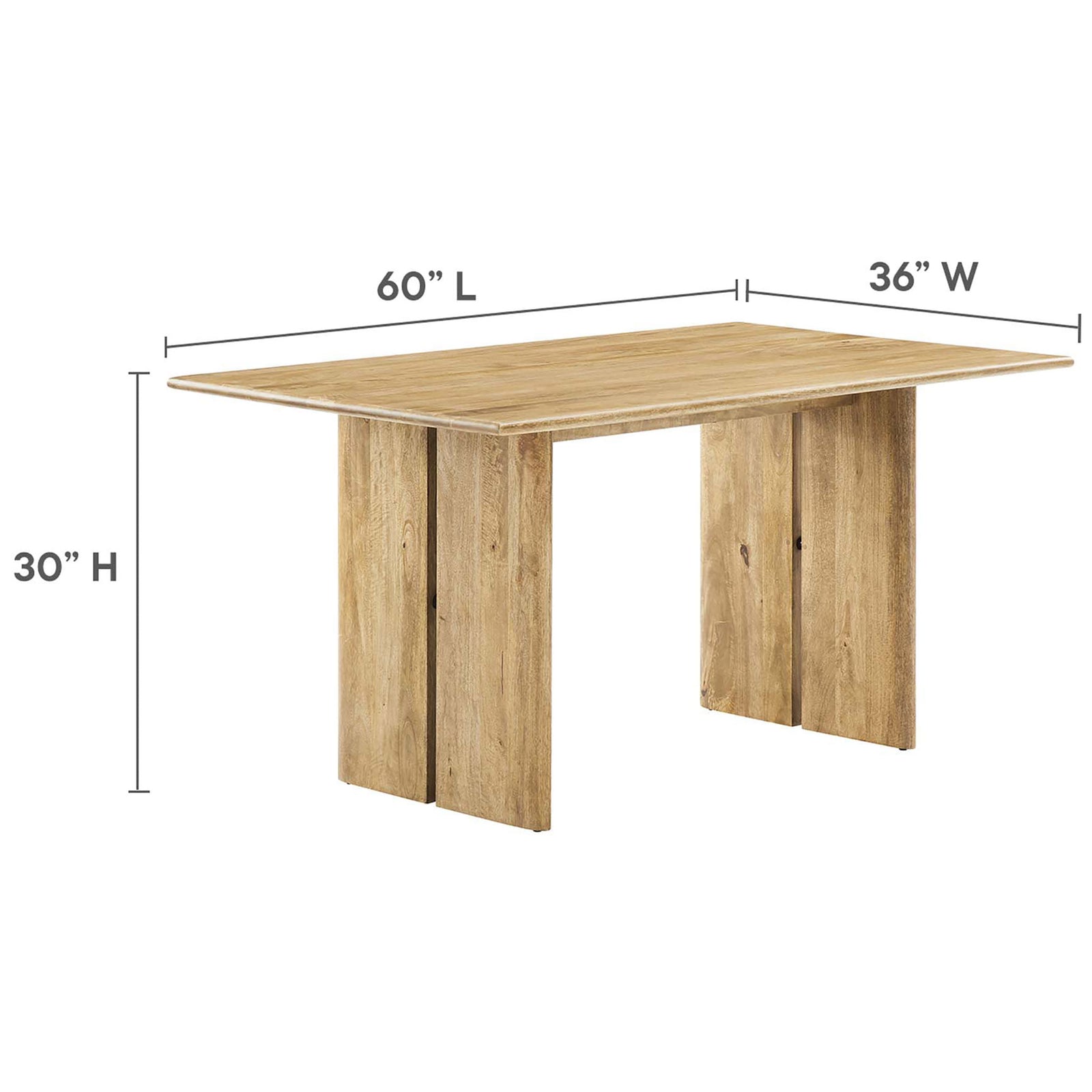 Measurement graphic for the 60 inch oak dining table with labeled length, width, and height. || EEI-6338-OAK || dimension_studio
