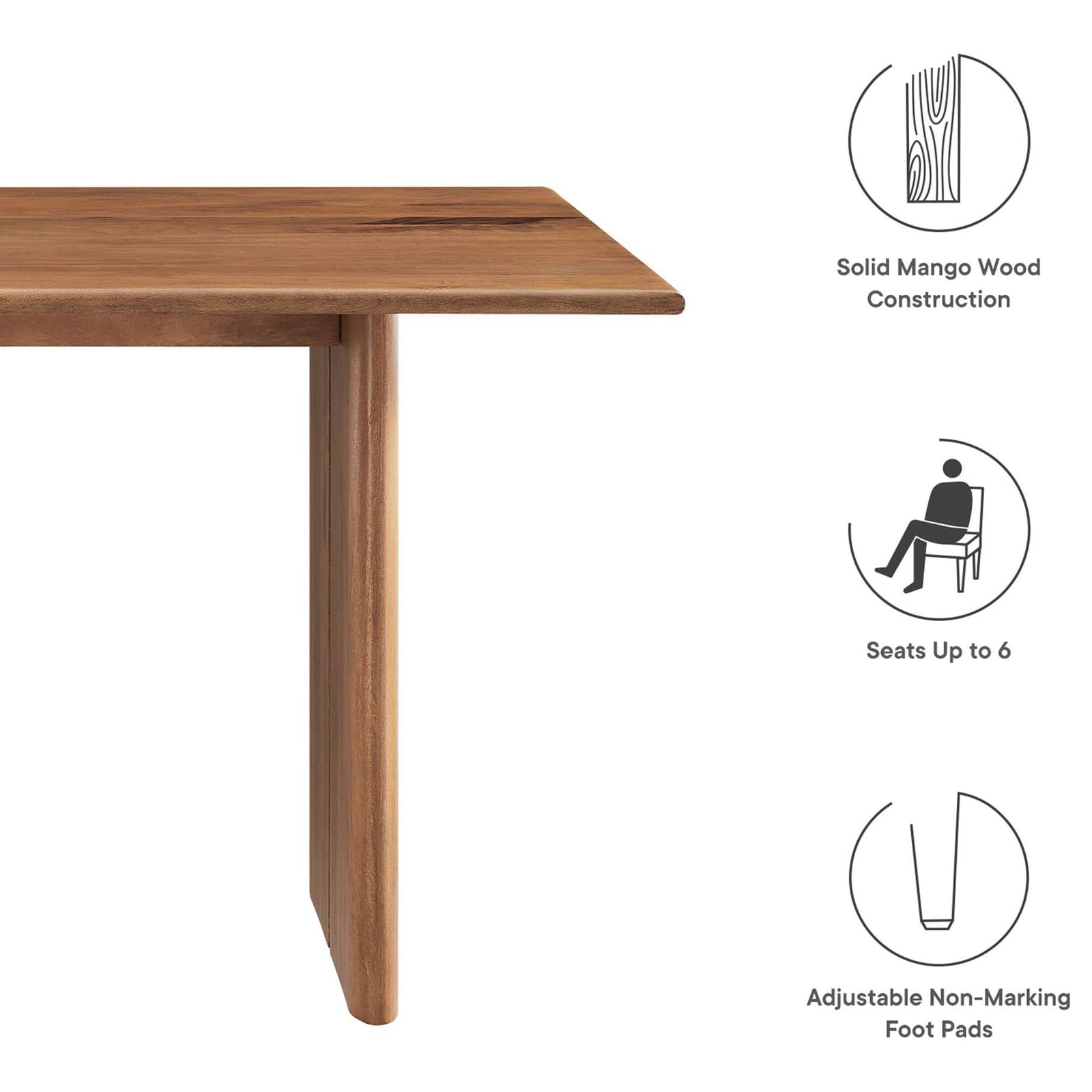 Graphic summarizing Amistad 60 inch table features solid mango wood seating for six and foot pads || EEI-6338-WAL || callout_studio
