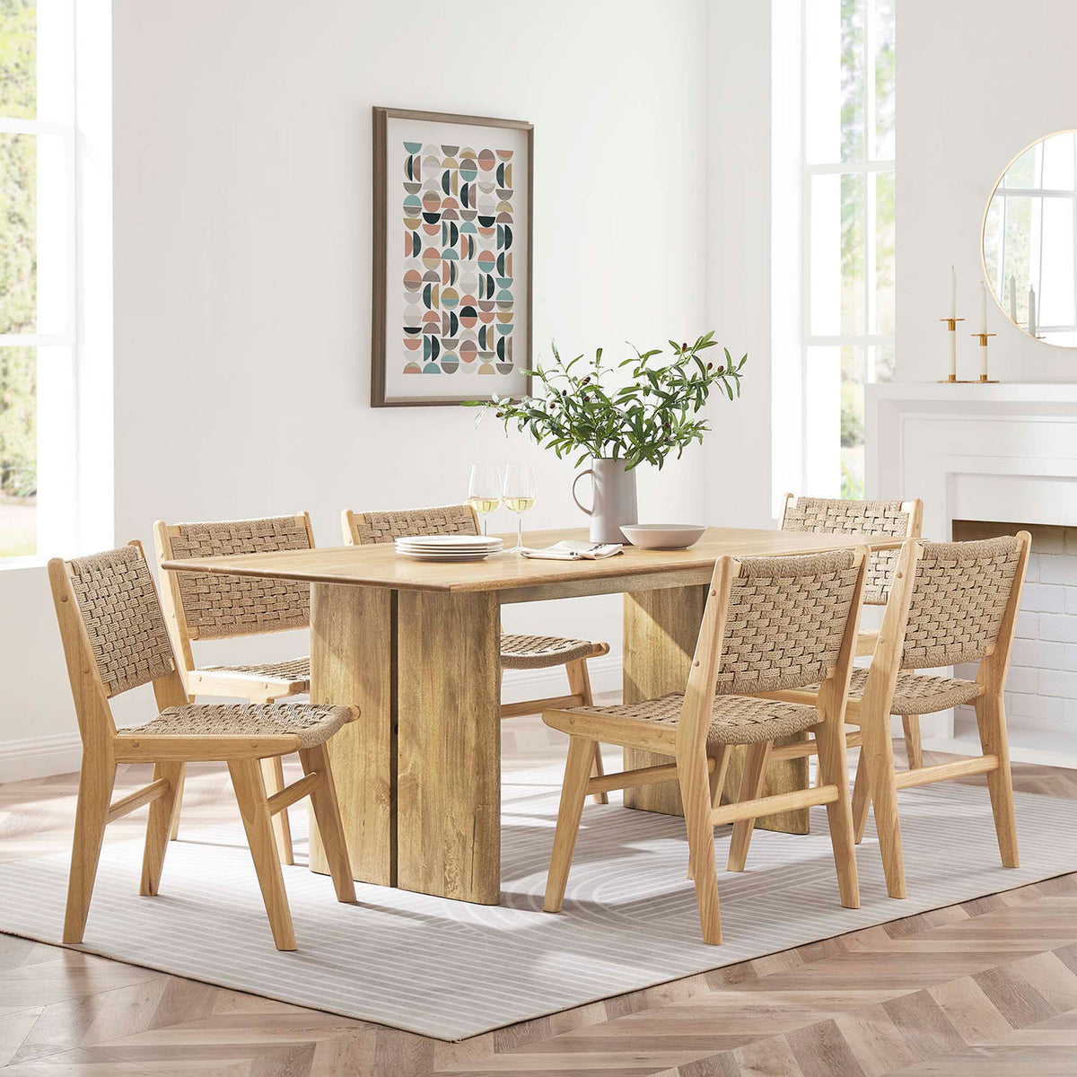 72 inch oak dining table arranged with six woven chairs in a bright, casual dining room. || EEI-6339-OAK || front_angle_room