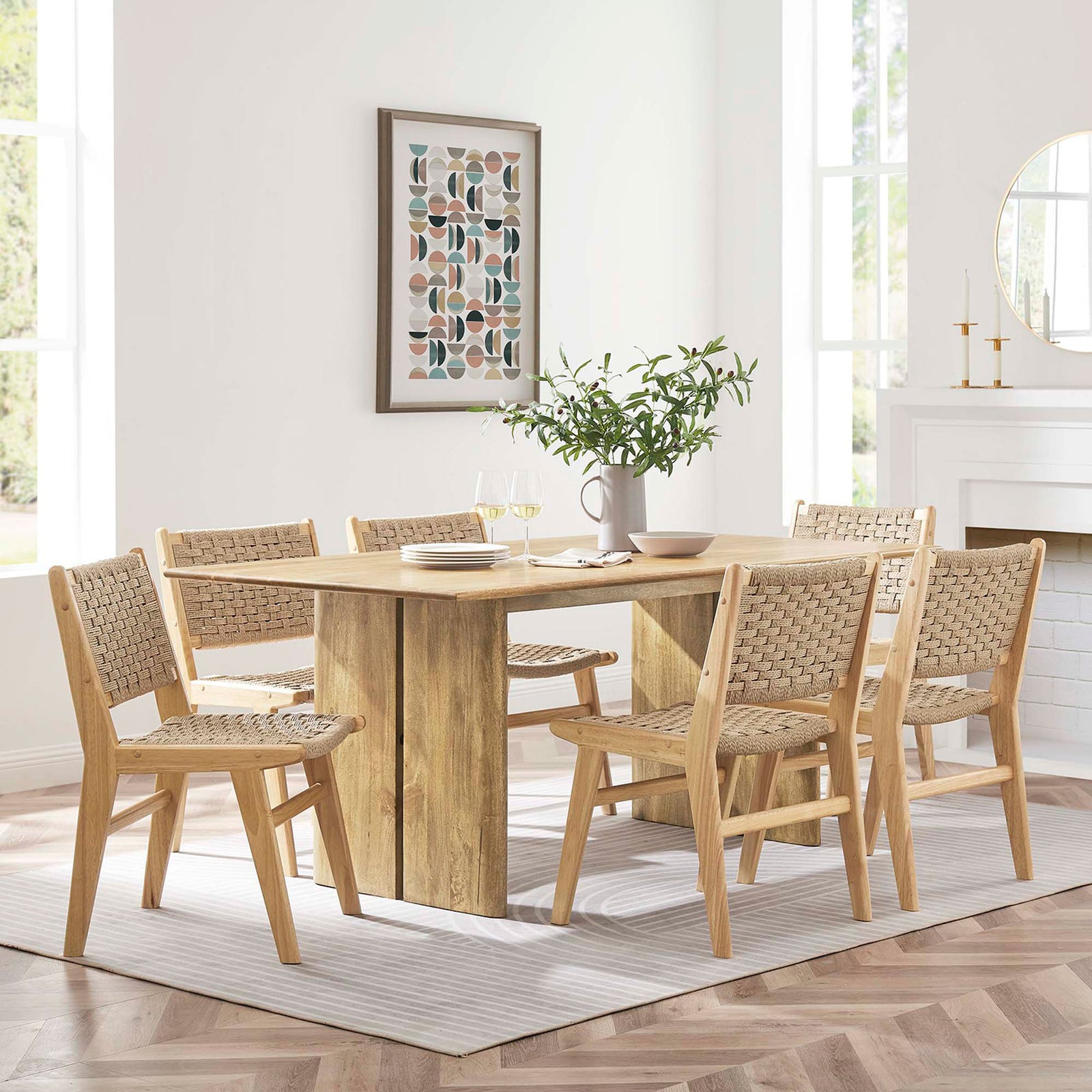 72 inch oak dining table arranged with six woven chairs in a bright, casual dining room. || EEI-6339-OAK || front_angle_room