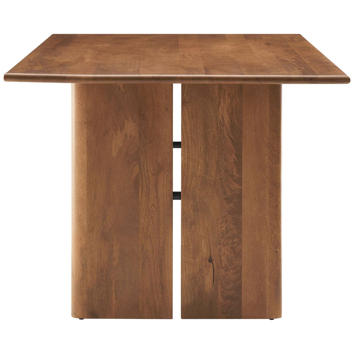 Amistad 72 inch dining table highlighting the thick tabletop profile and solid panel base || EEI-6339-WAL || side_studio
