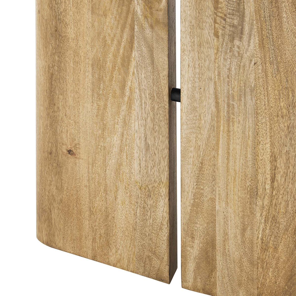 Dining table base detail with tall panel legs and a slim dark metal support bar in oak finish. || EEI-6340-OAK || leg_studio