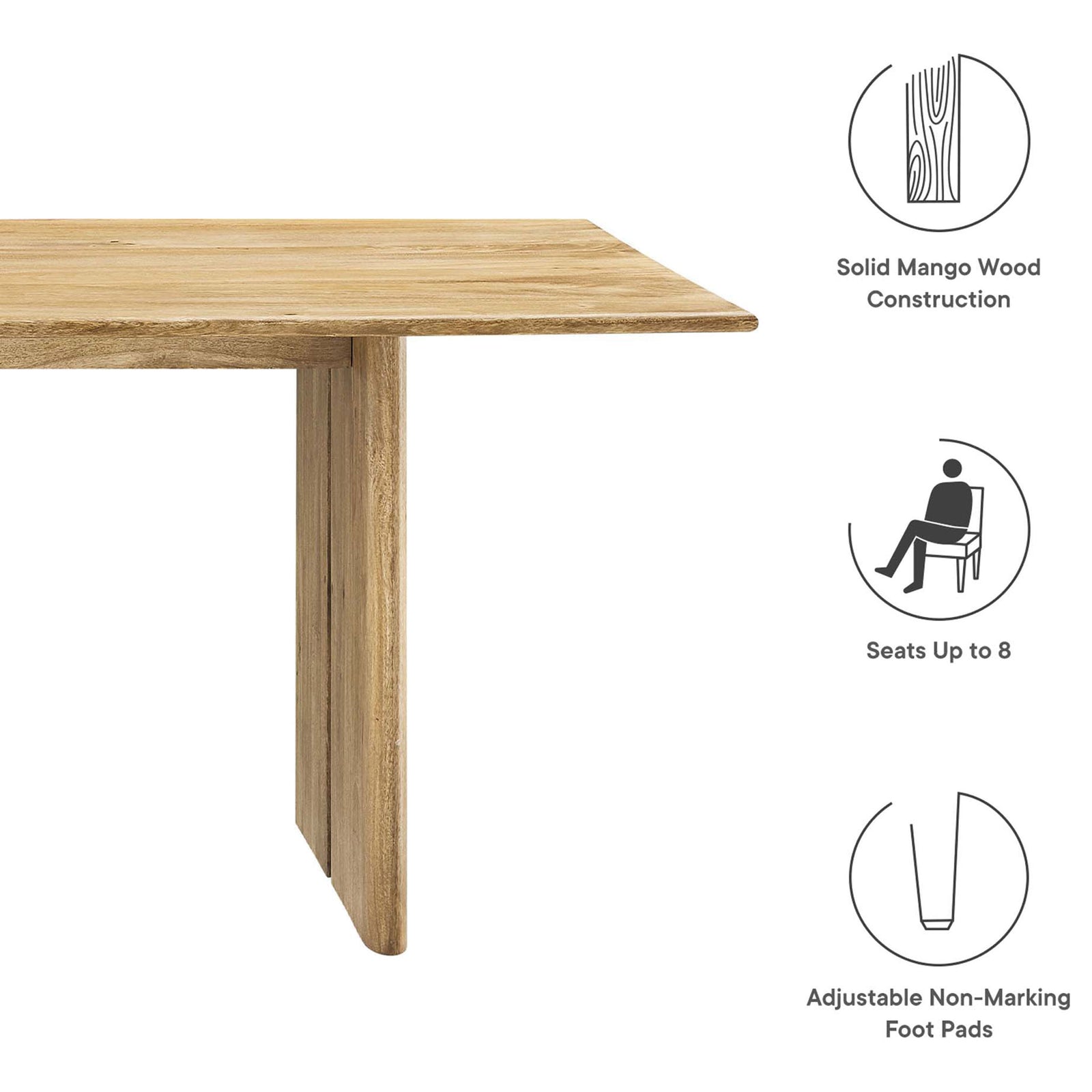 Feature graphic for the 86 inch dining table highlighting solid wood construction and seating for eight. || EEI-6340-OAK || callout_studio