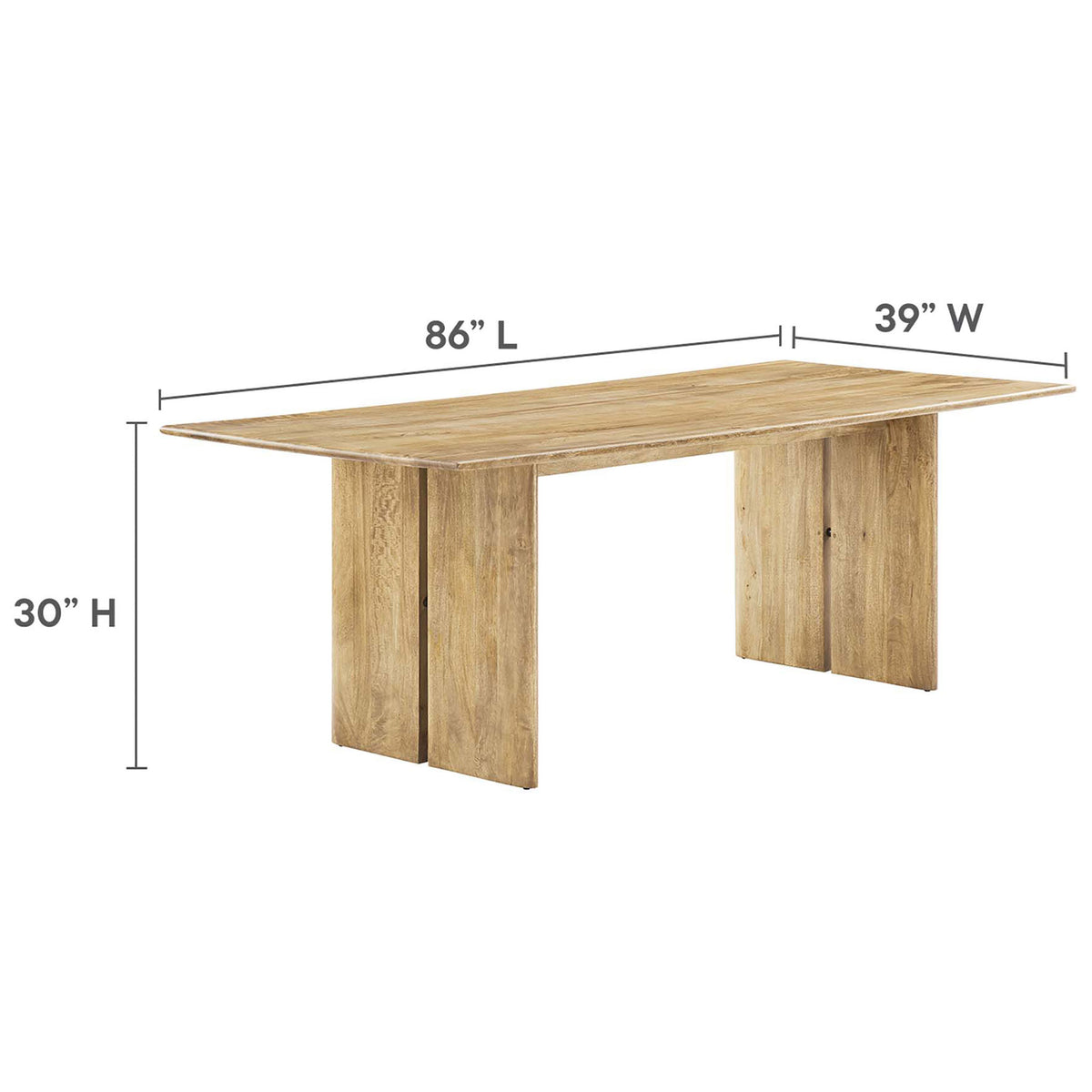 Measurement graphic for the 86 inch oak dining table with overall length, width, and height. || EEI-6340-OAK || dimension_studio