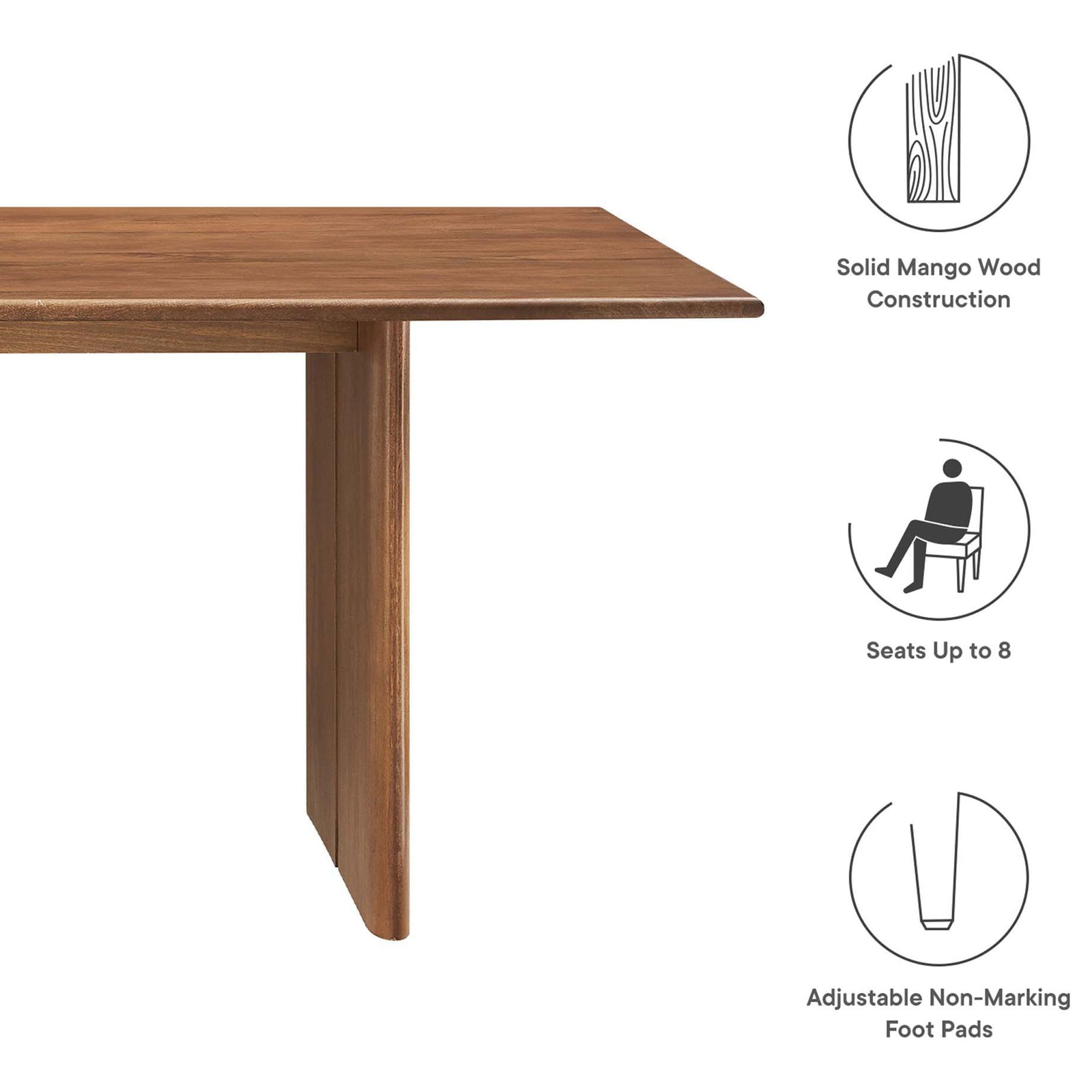 Graphic highlighting Amistad 86 inch table benefits solid mango wood seats eight and foot pads || EEI-6340-WAL || callout_studio