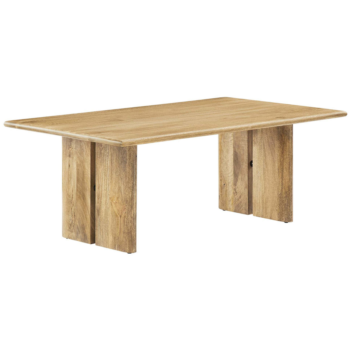 Solid mango wood coffee table with rounded edges and twin pedestal legs in a warm oak finish || EEI-6341-OAK || front_angle_studio
