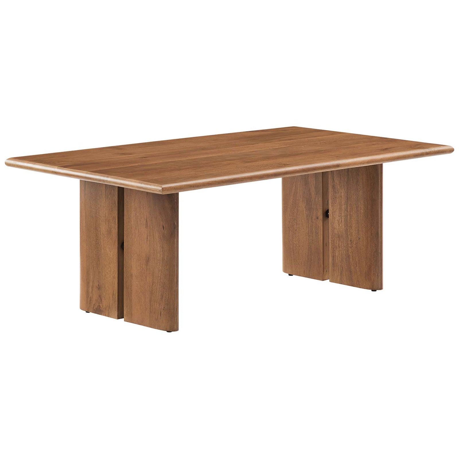 Solid mango wood coffee table with rounded edges and dual pedestal legs in a warm walnut finish || EEI-6341-WAL || front_angle_studio