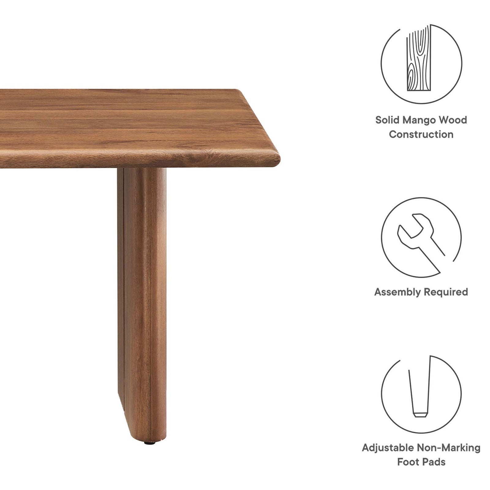 Solid mango wood construction with adjustable non-marking foot pads; simple assembly || EEI-6341-WAL || callout_studio