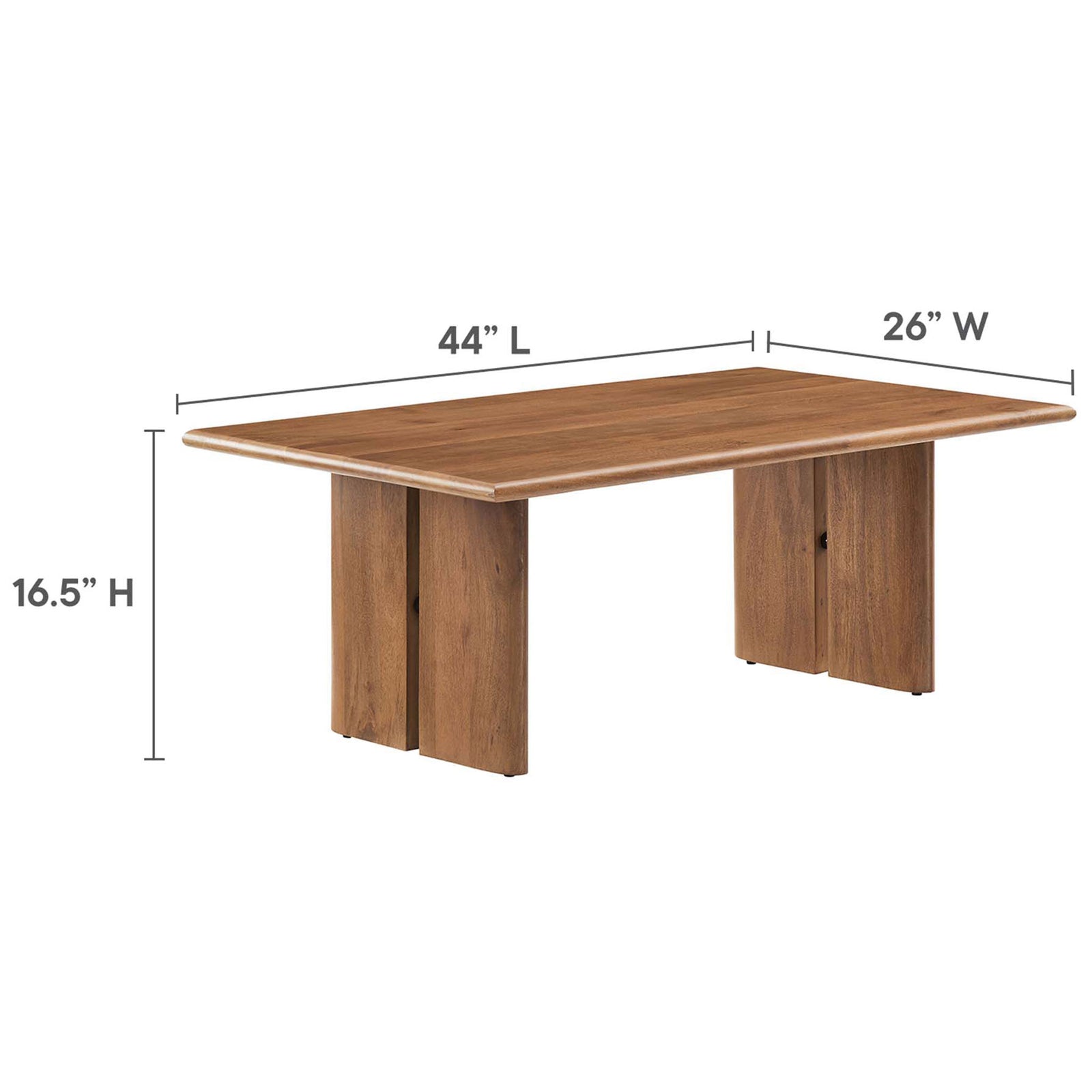 Compact coffee table sized 44 inches long, 26 inches wide, and 16.5 inches high || EEI-6341-WAL || dimension_studio