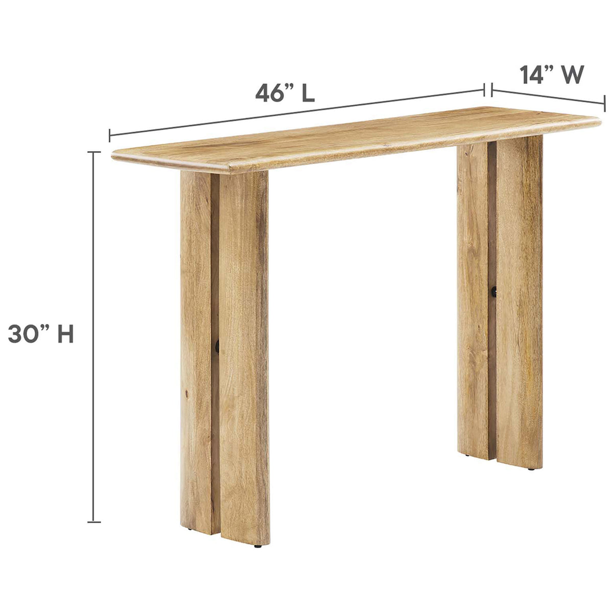 Compact console table sized 46 in long, 14 in wide, and 30 in high || EEI-6342-OAK || dimension_studio