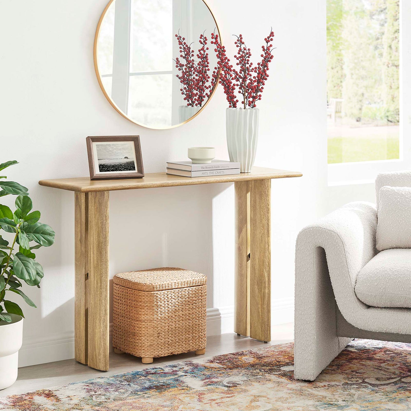 Styled console table brings modern farmhouse warmth to an entry or living room || EEI-6342-OAK || front_room