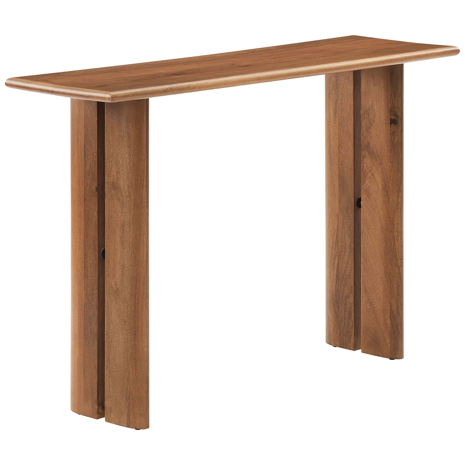 Warm walnut mango wood console with rounded edges and sculpted dual-panel legs. || EEI-6342-WAL || front_angle_studio