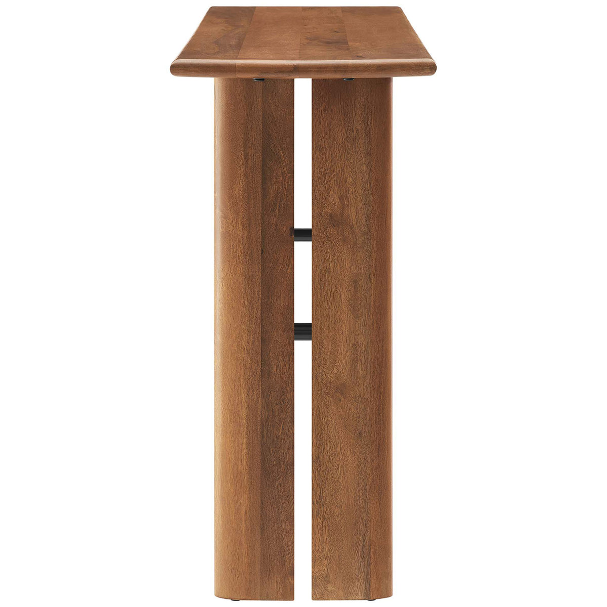 Slim profile console showcases thick rounded top and clean vertical legs in rich walnut finish. || EEI-6342-WAL || side_studio