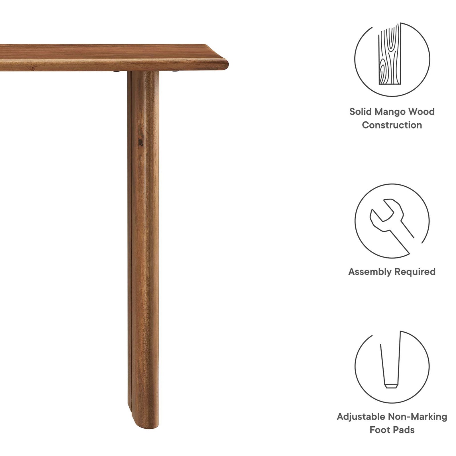Solid mango wood console with adjustable non-marking foot pads for floor-friendly stability. || EEI-6342-WAL || callout_studio