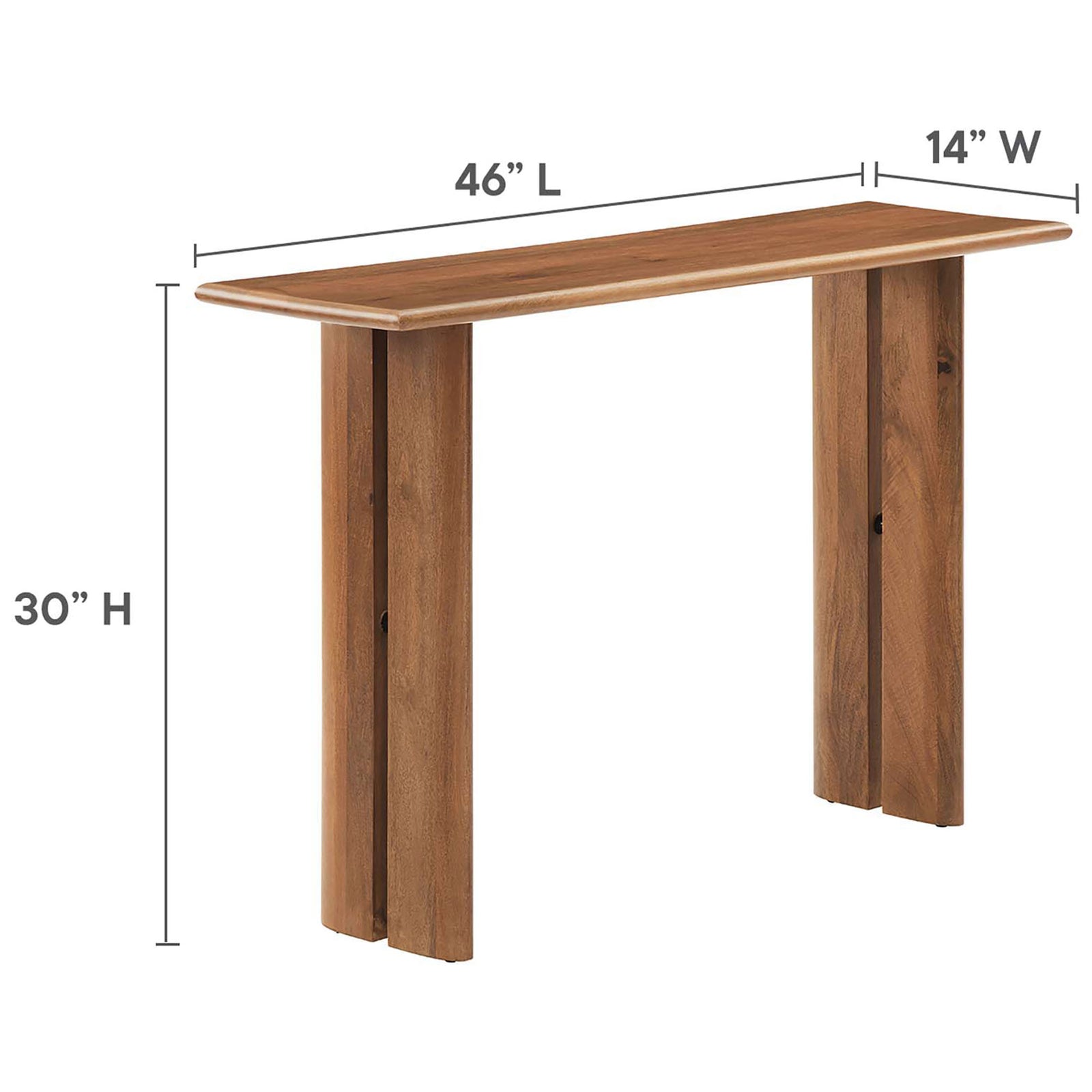 Compact console sized at 46 inches long, 14 inches deep, and 30 inches high. || EEI-6342-WAL || dimension_studio