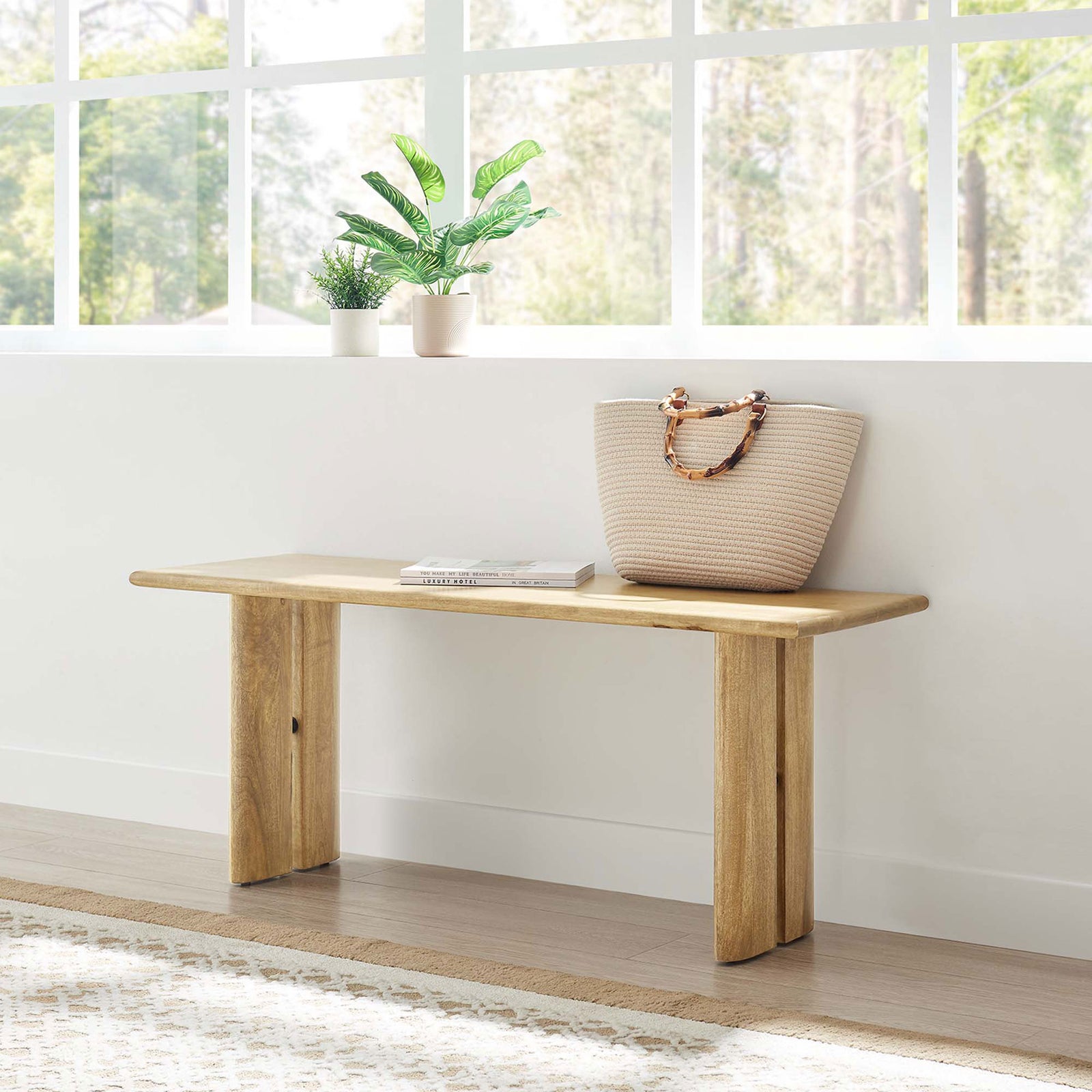 Versatile bench brings light, natural charm to an entry or sunlit nook. || EEI-6343-OAK || front_angle_room