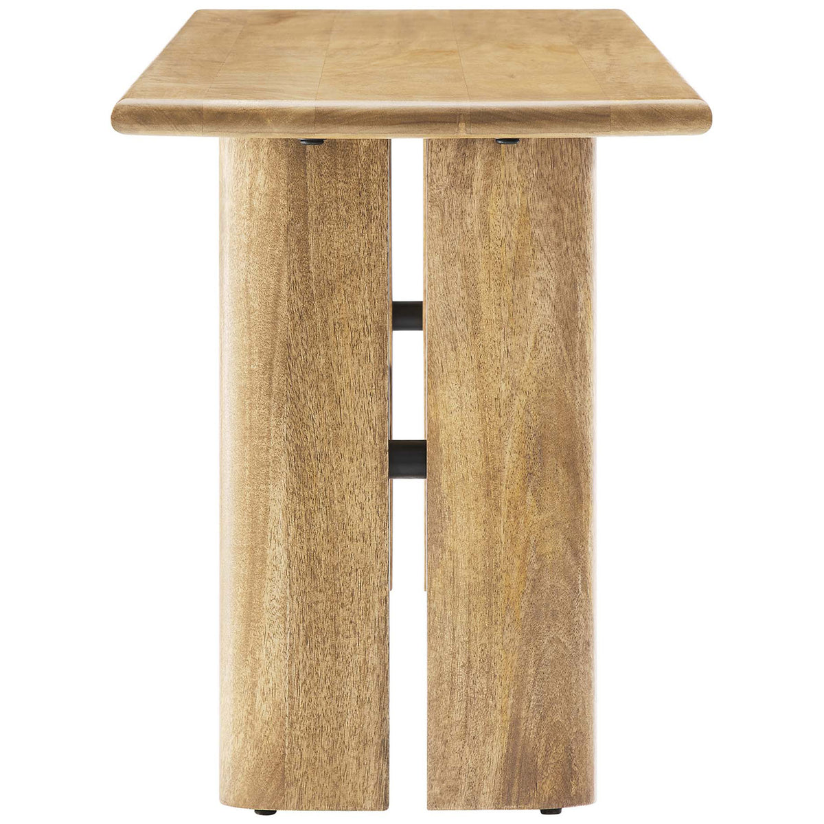 End view highlights thick tabletop, rounded corner, and solid plank legs with metal support bar. || EEI-6343-OAK || side_studio