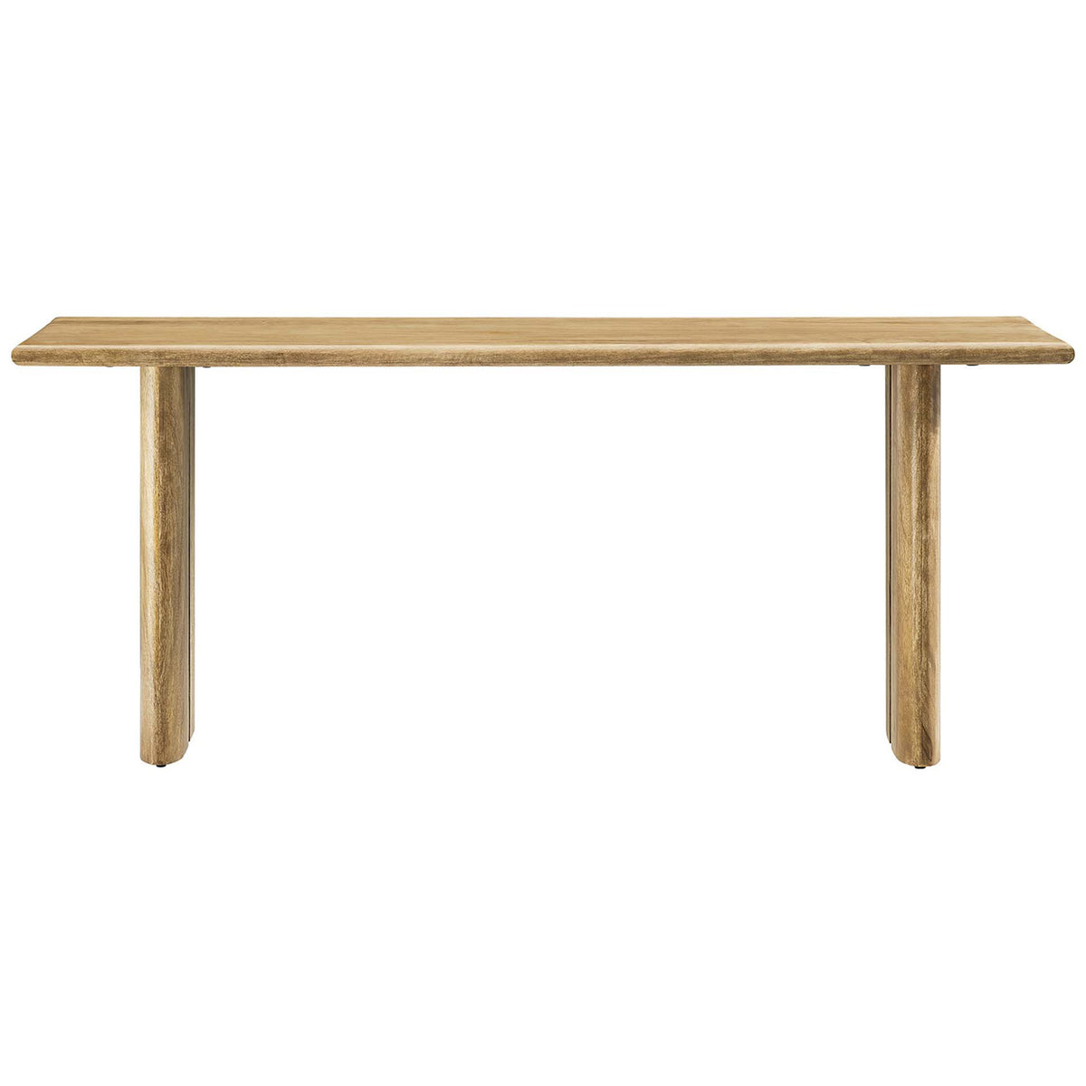 Warm oak mango wood bench with rounded edges and dual-plank legs for a timeless, sturdy look. || EEI-6343-OAK || front_studio