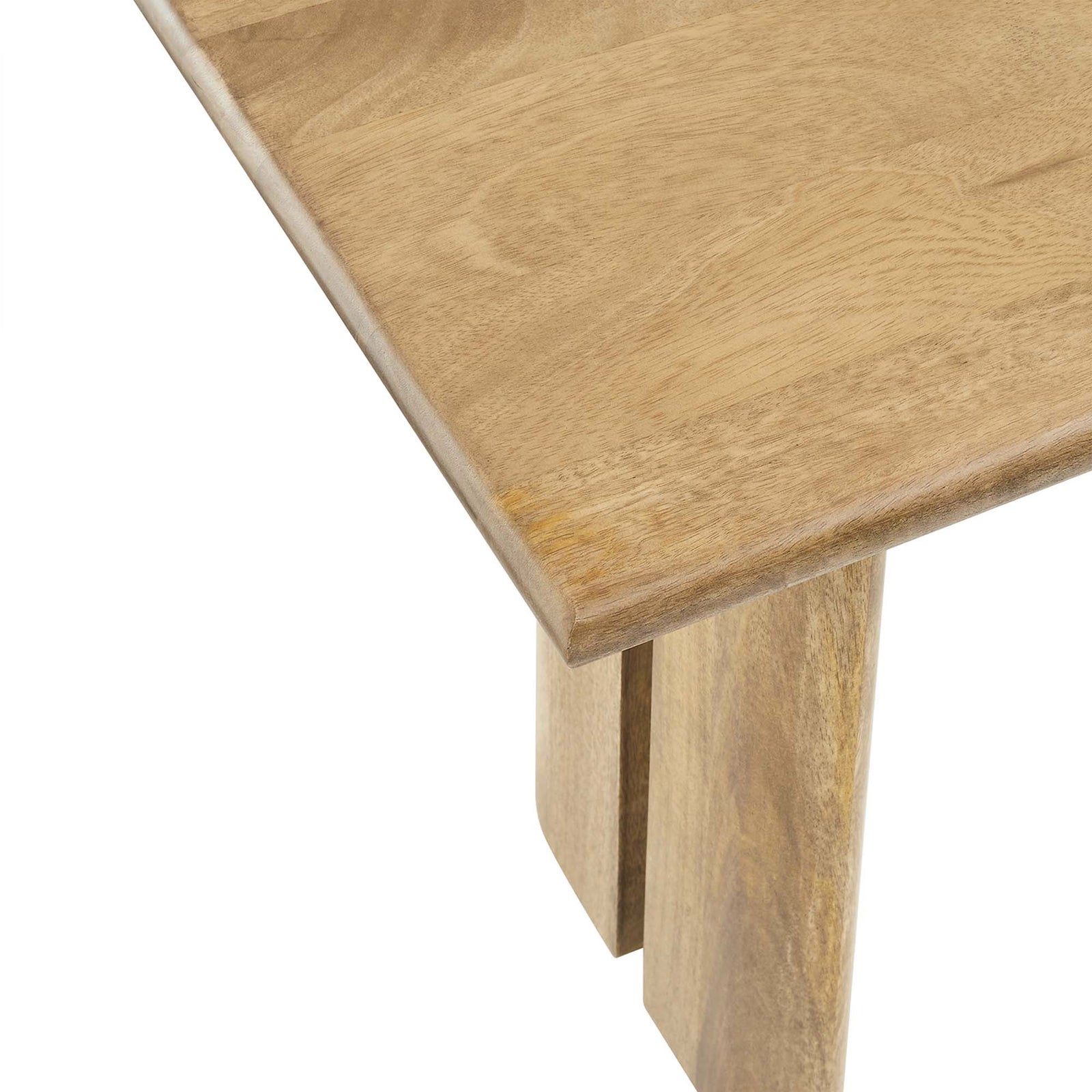 Close view of the rounded beveled edge and smooth mango wood grain in an oak finish. || EEI-6343-OAK || detail_studio