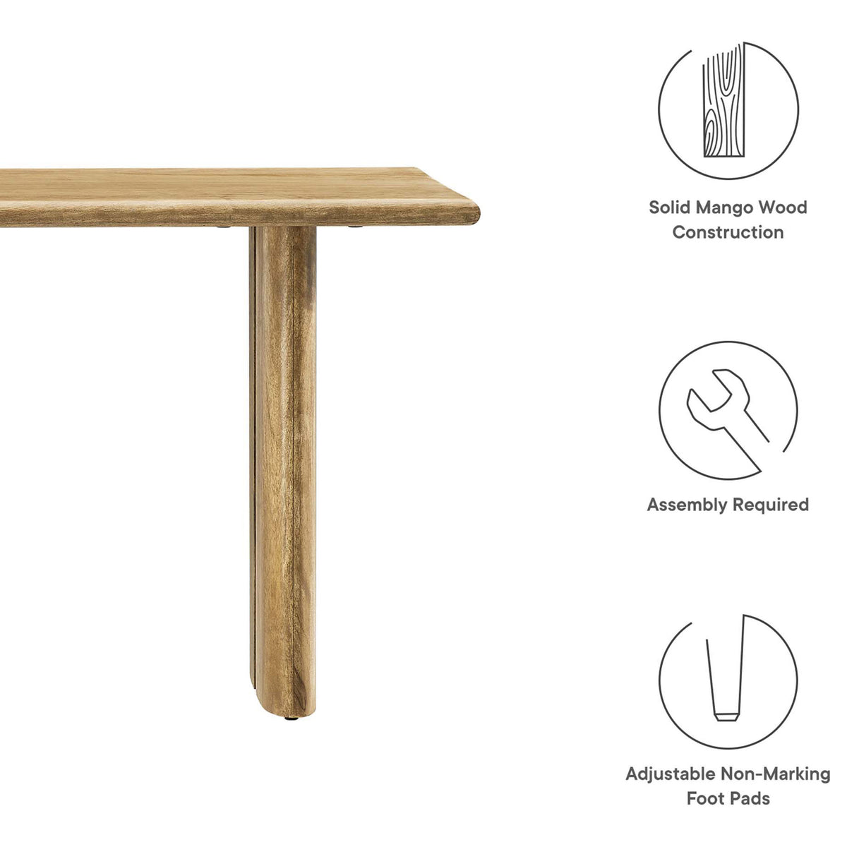 Key features: solid mango wood, easy assembly, and adjustable non-marking foot pads. || EEI-6343-OAK || callout_studio