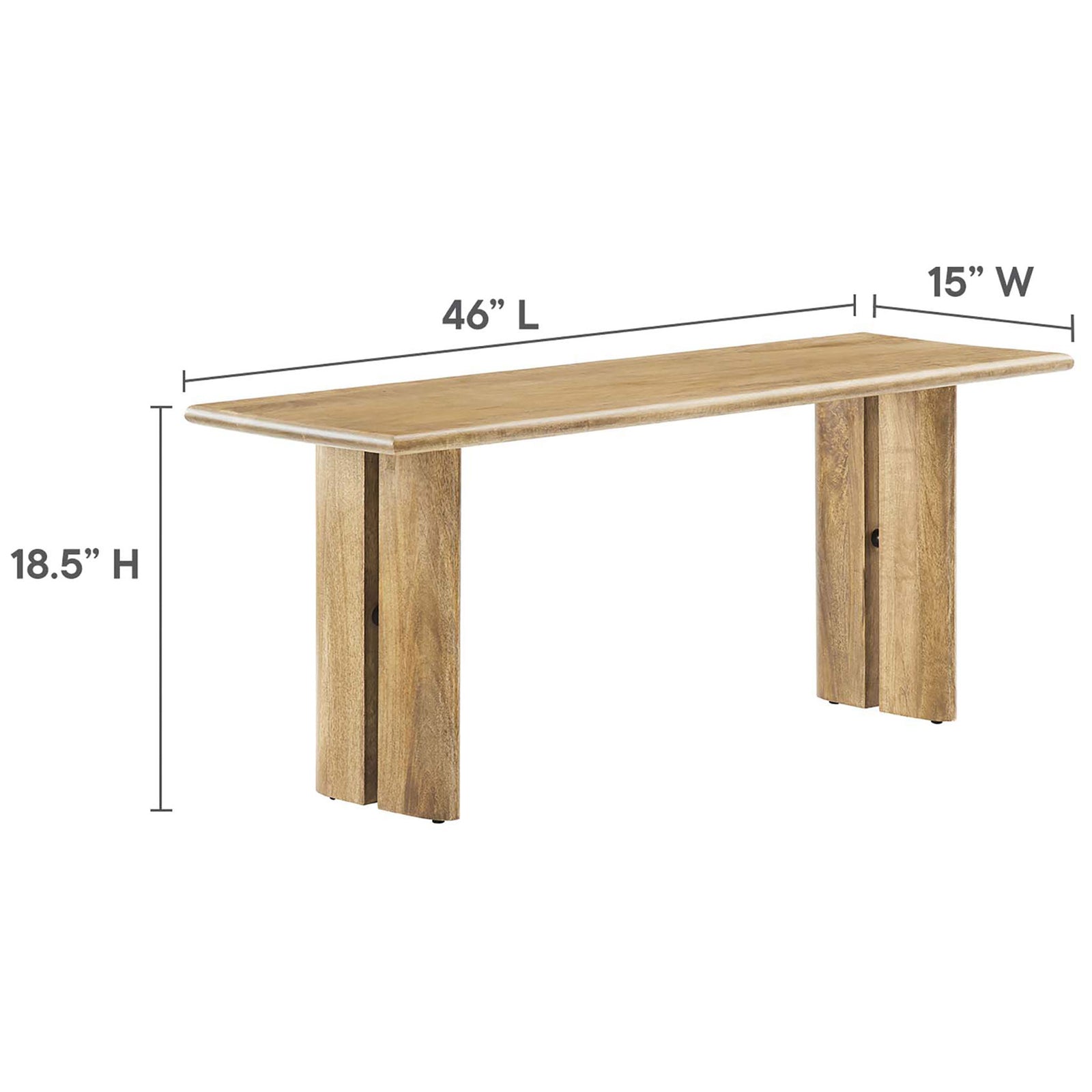 Bench dimensions labeled: 46 in L x 15 in W x 18.5 in H. || EEI-6343-OAK || dimension_studio