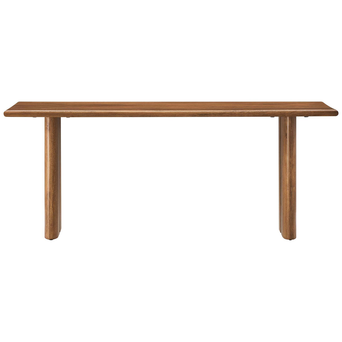 Compact mango wood bench in a warm walnut finish with rounded edges and pillar legs. || EEI-6343-WAL || front_studio