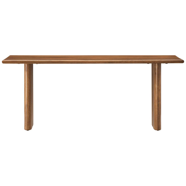 Compact mango wood bench in a warm walnut finish with rounded edges and pillar legs. || EEI-6343-WAL || front_studio