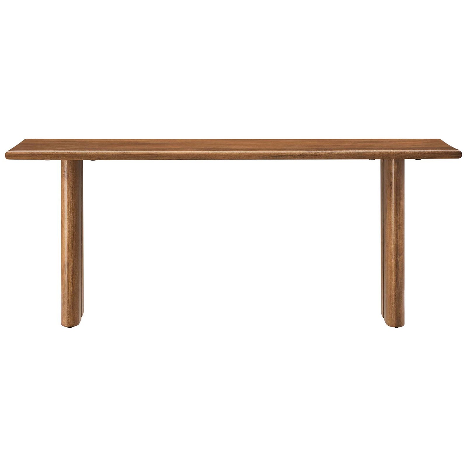 Compact mango wood bench in a warm walnut finish with rounded edges and pillar legs. || EEI-6343-WAL || front_studio