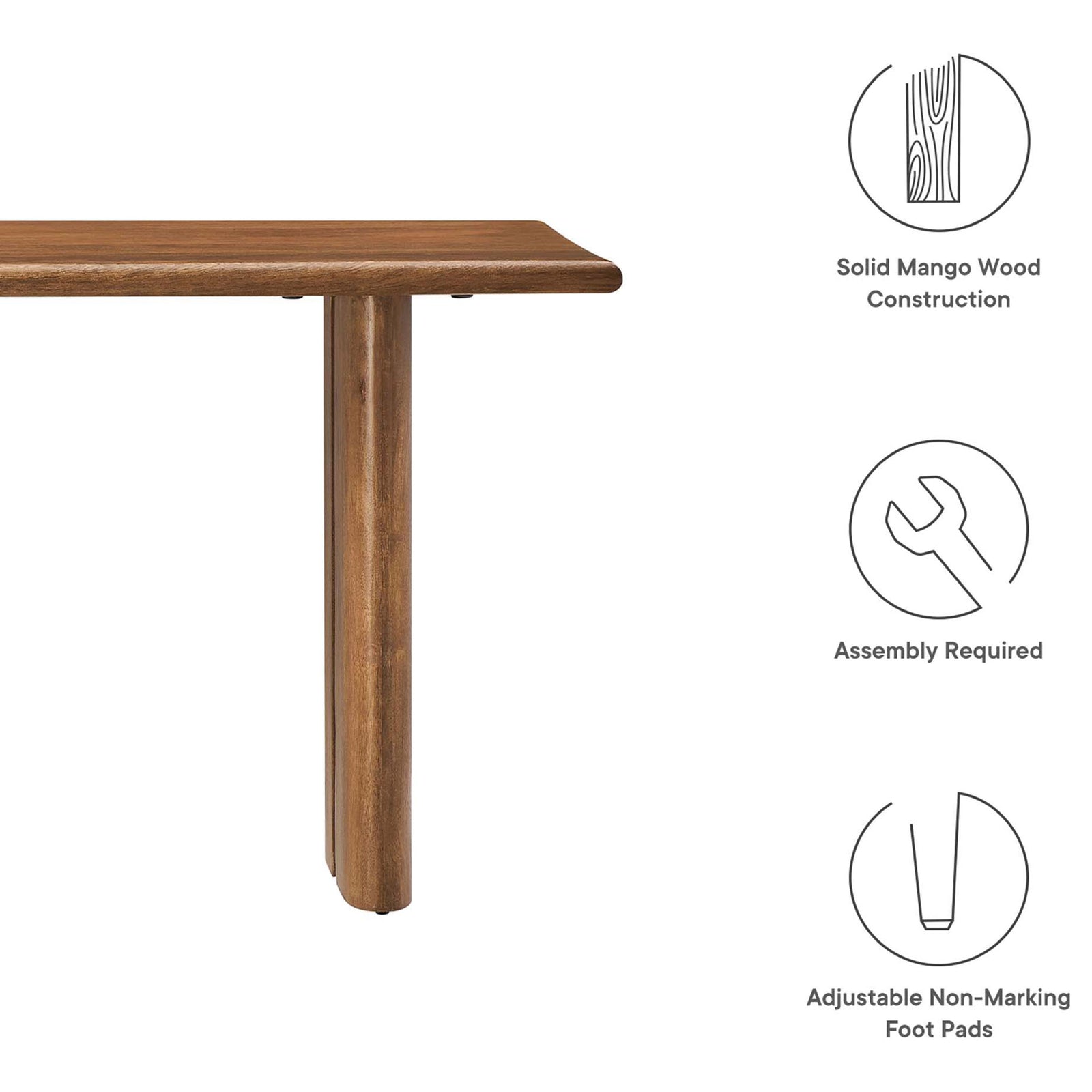 Solid mango wood construction with adjustable non-marking foot pads for floor-friendly stability. || EEI-6343-WAL || callout_studio