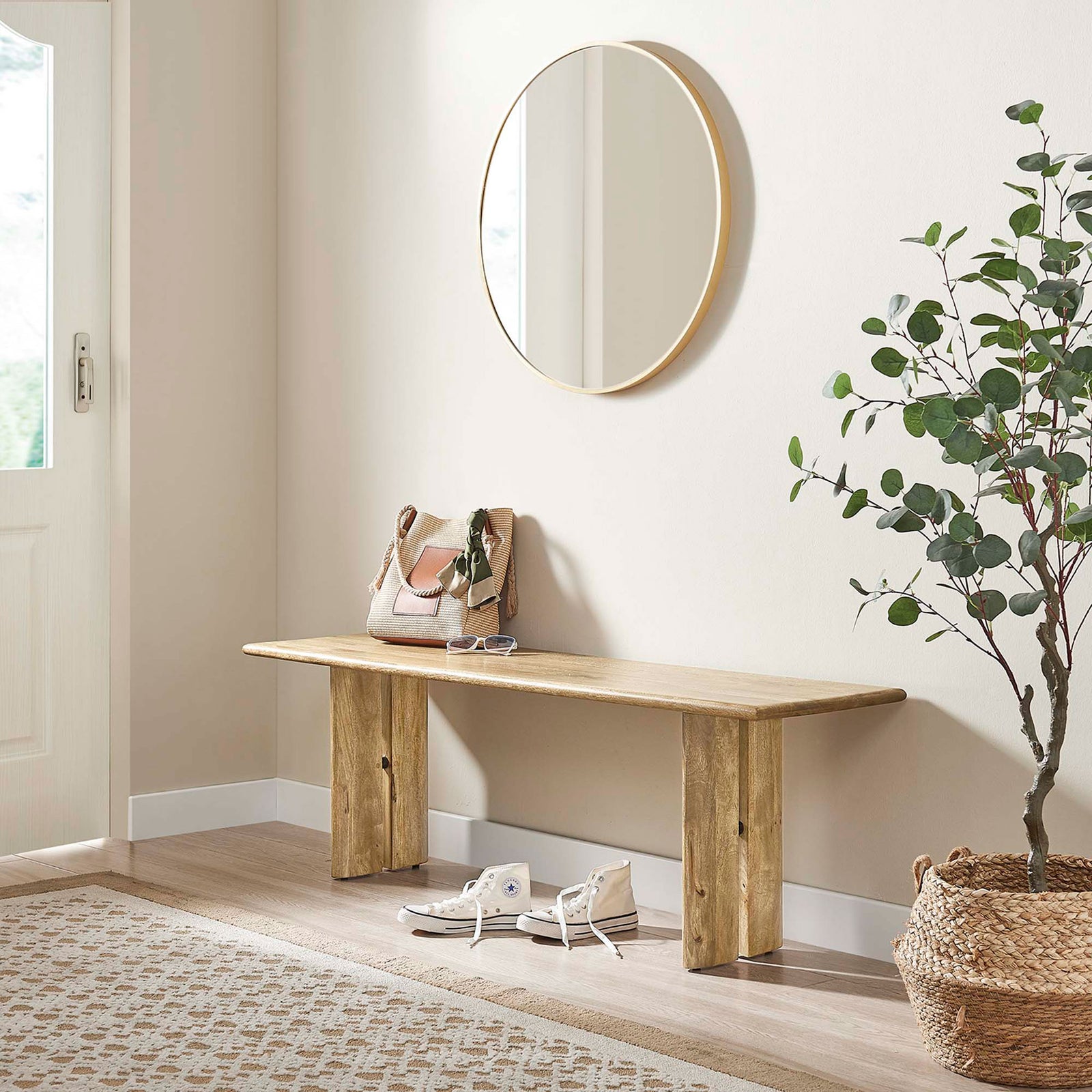 Streamlined bench creates an inviting perch in the entry or hallway. || EEI-6344-OAK || front_angle_room