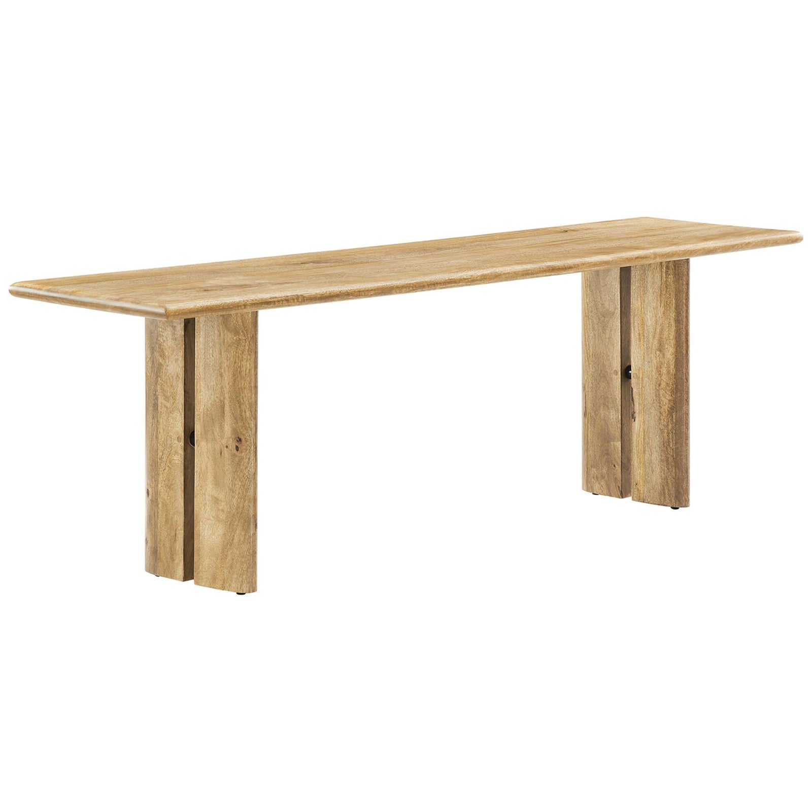 58-inch oak-finished bench showcases sweeping grain and softly rounded edges. || EEI-6344-OAK || front_angle_studio