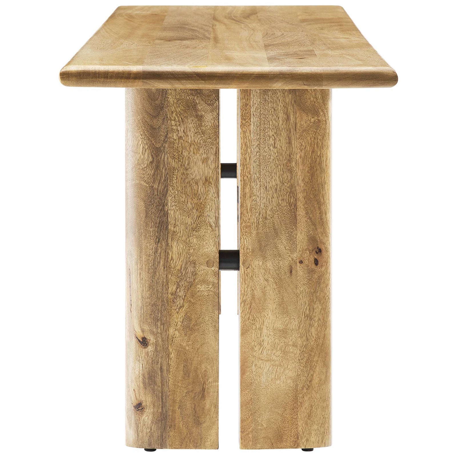 End profile reveals thick top, smoothed corners, and sturdy dual-plank base. || EEI-6344-OAK || side_studio