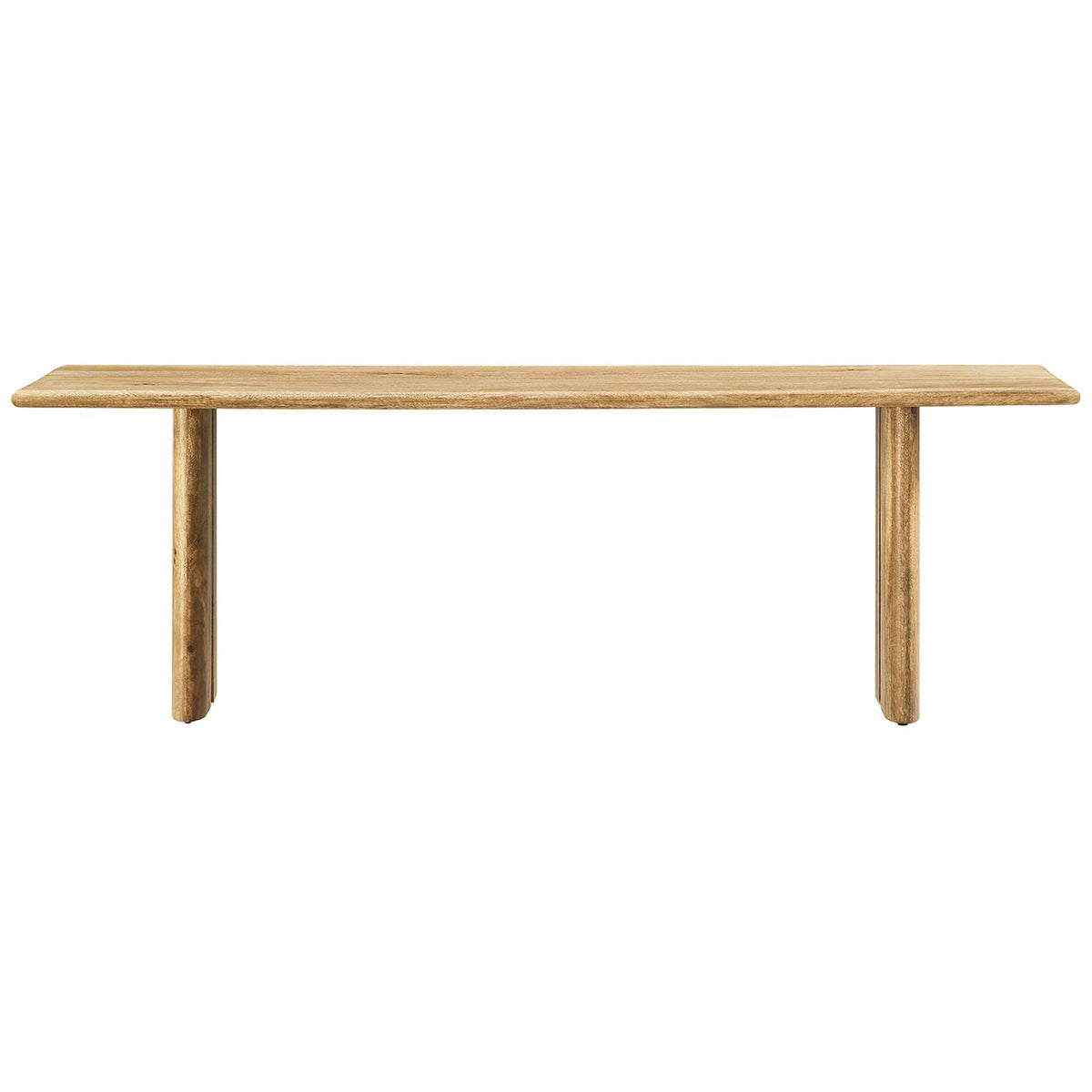 Longer mango wood bench balances slim beveled top with bold, sculptural legs. || EEI-6344-OAK || front_studio