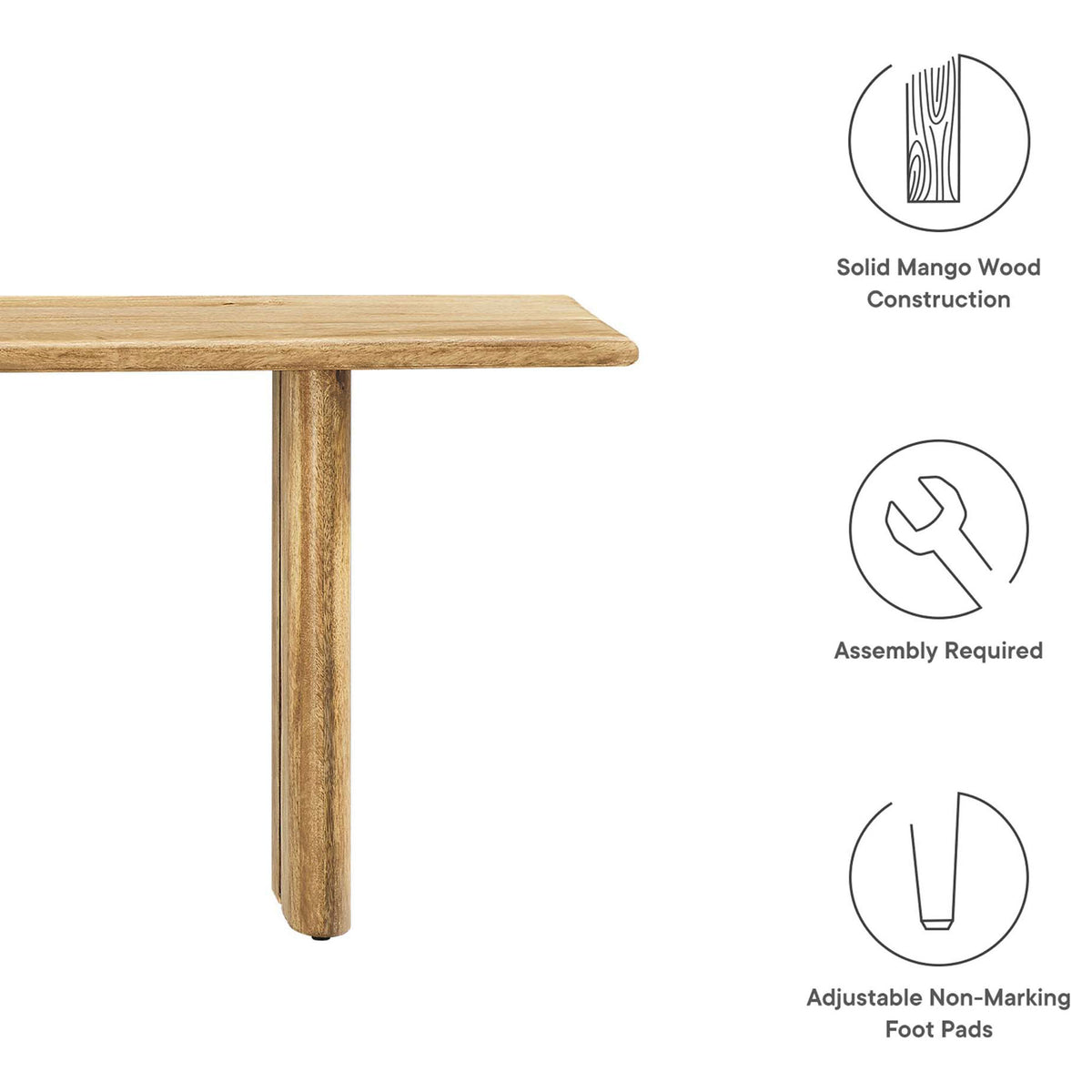 Feature icons: solid mango wood, simple assembly, and adjustable foot pads. || EEI-6344-OAK || callout_studio