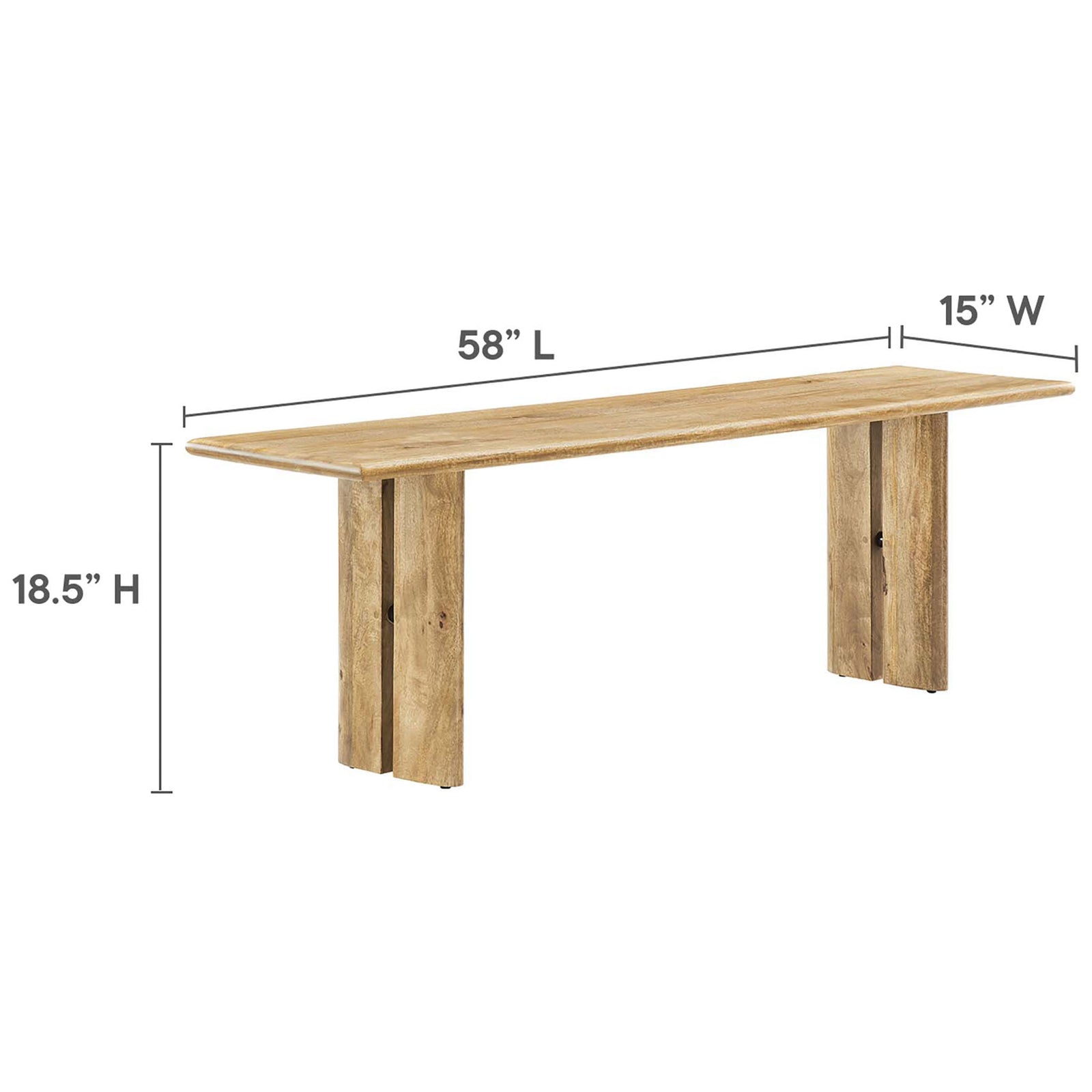 Bench dimensions labeled: 58 in L x 15 in W x 18.5 in H. || EEI-6344-OAK || dimension_studio
