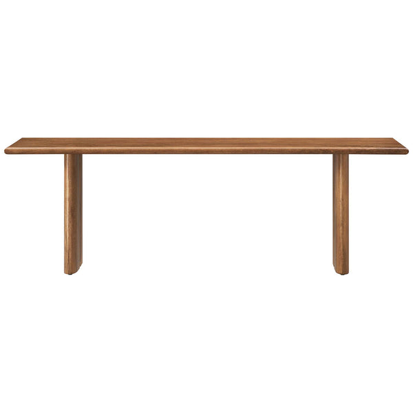 Mango wood bench in a walnut finish features a sleek top and pillar legs for balanced stability. || EEI-6344-WAL || front_studio
