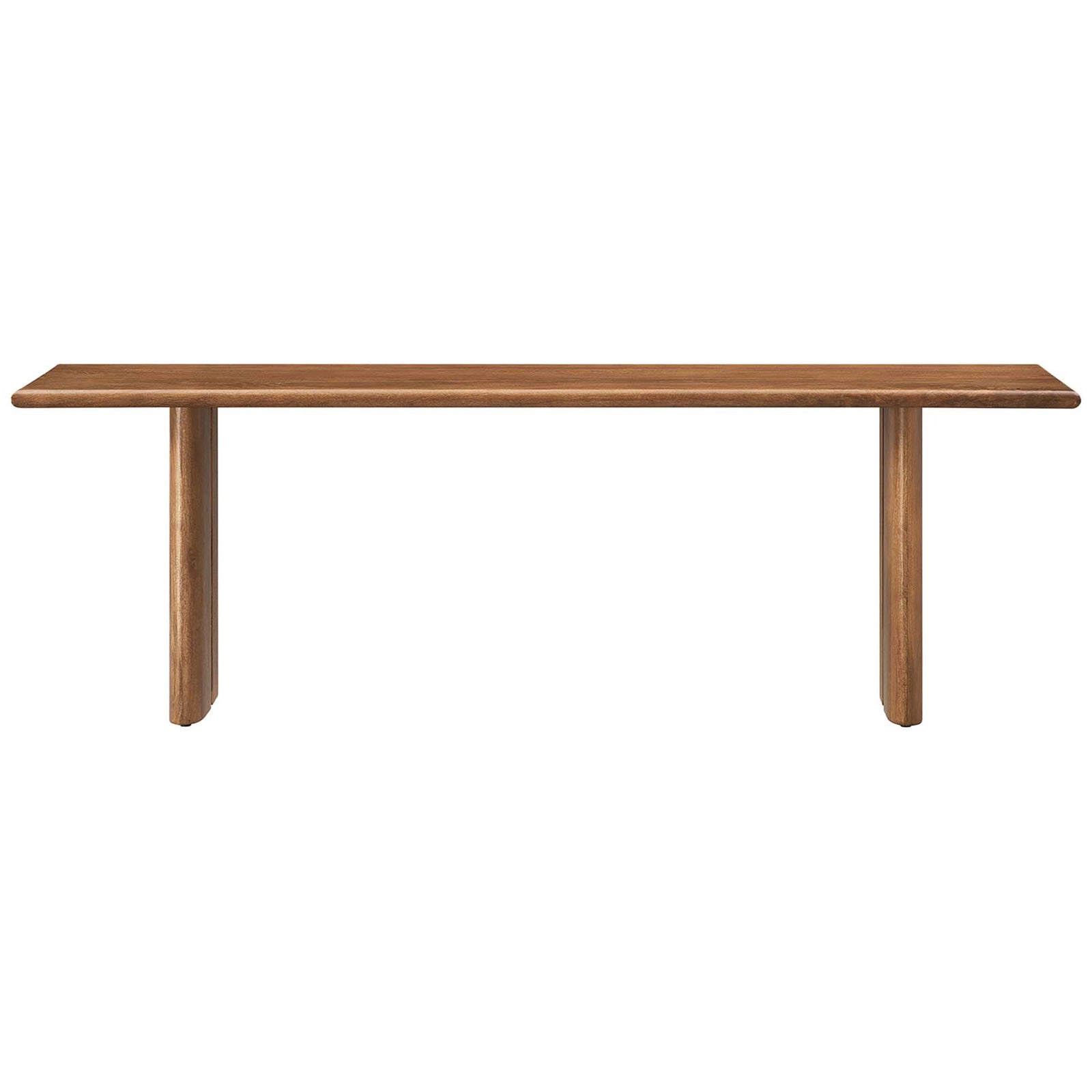 Mango wood bench in a walnut finish features a sleek top and pillar legs for balanced stability. || EEI-6344-WAL || front_studio