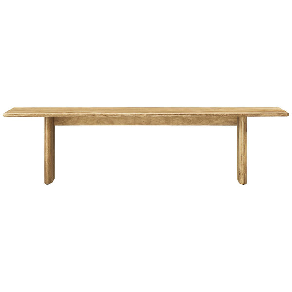 Expansive mango wood bench with softened edges and confident, architectural legs. || EEI-6345-OAK || front_studio