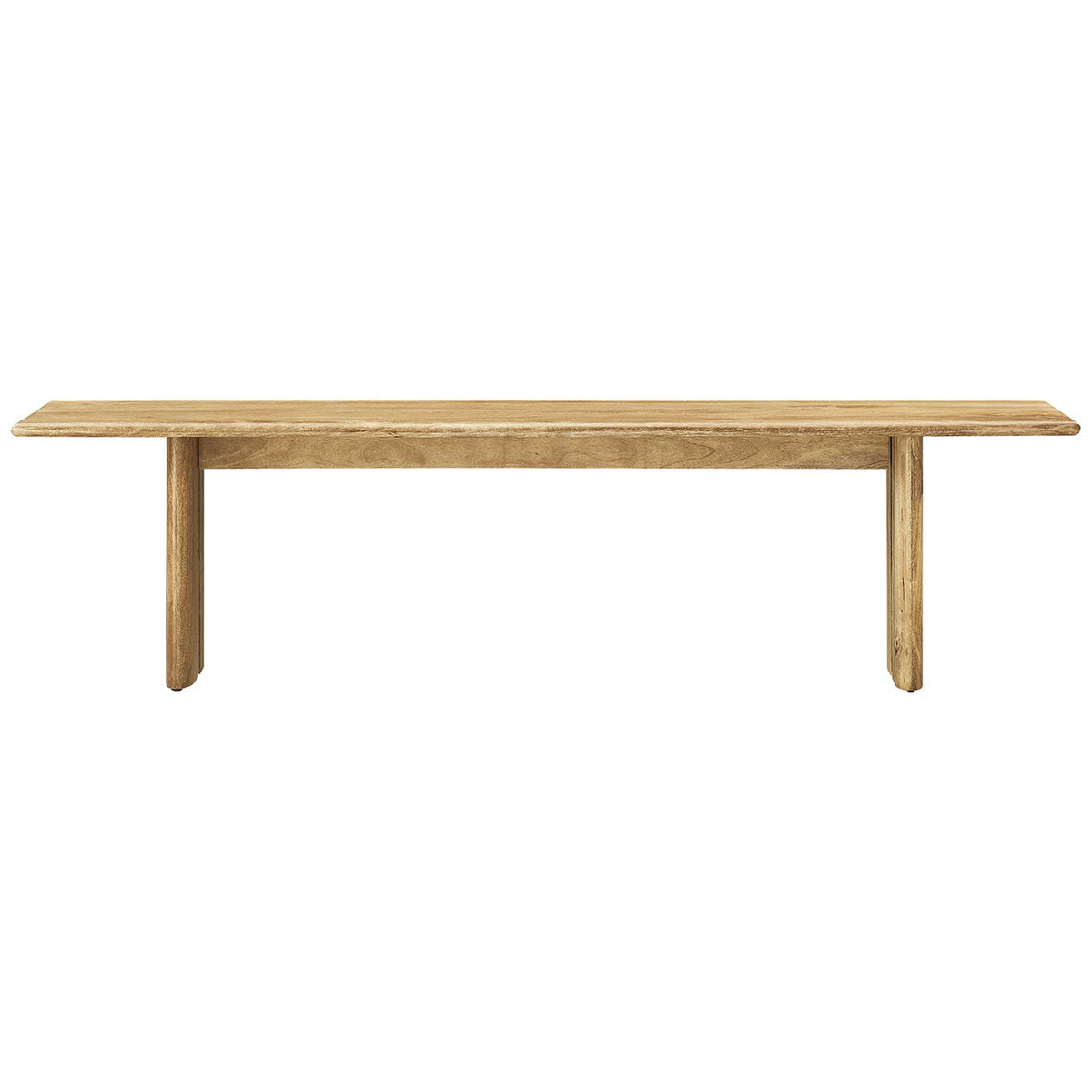 Expansive mango wood bench with softened edges and confident, architectural legs. || EEI-6345-OAK || front_studio