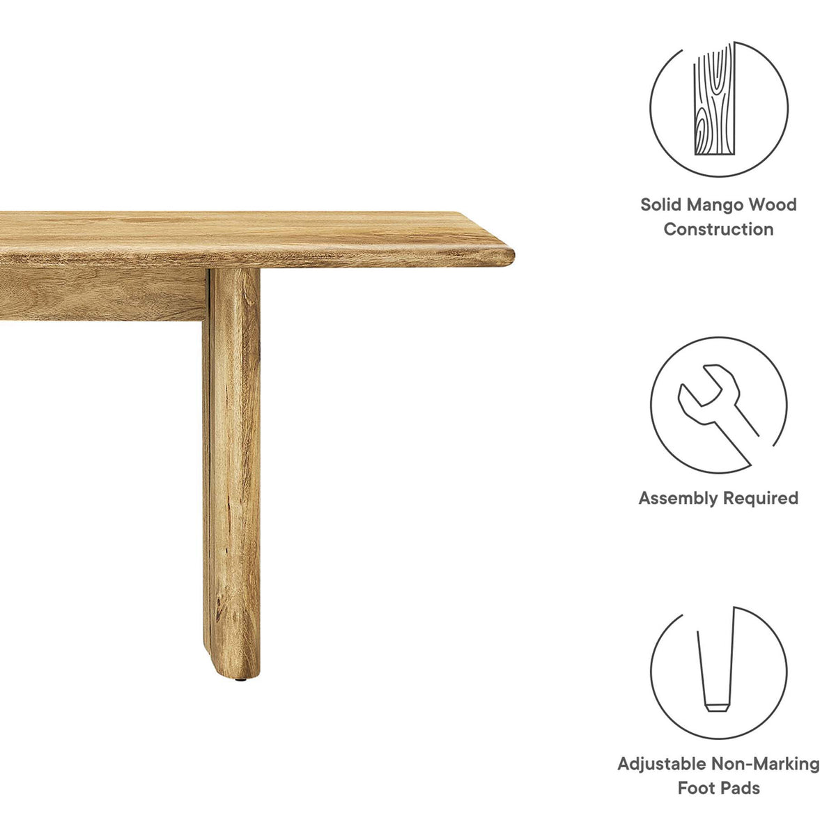 Feature icons: solid mango wood, easy assembly, and adjustable non-marking pads. || EEI-6345-OAK || callout_studio