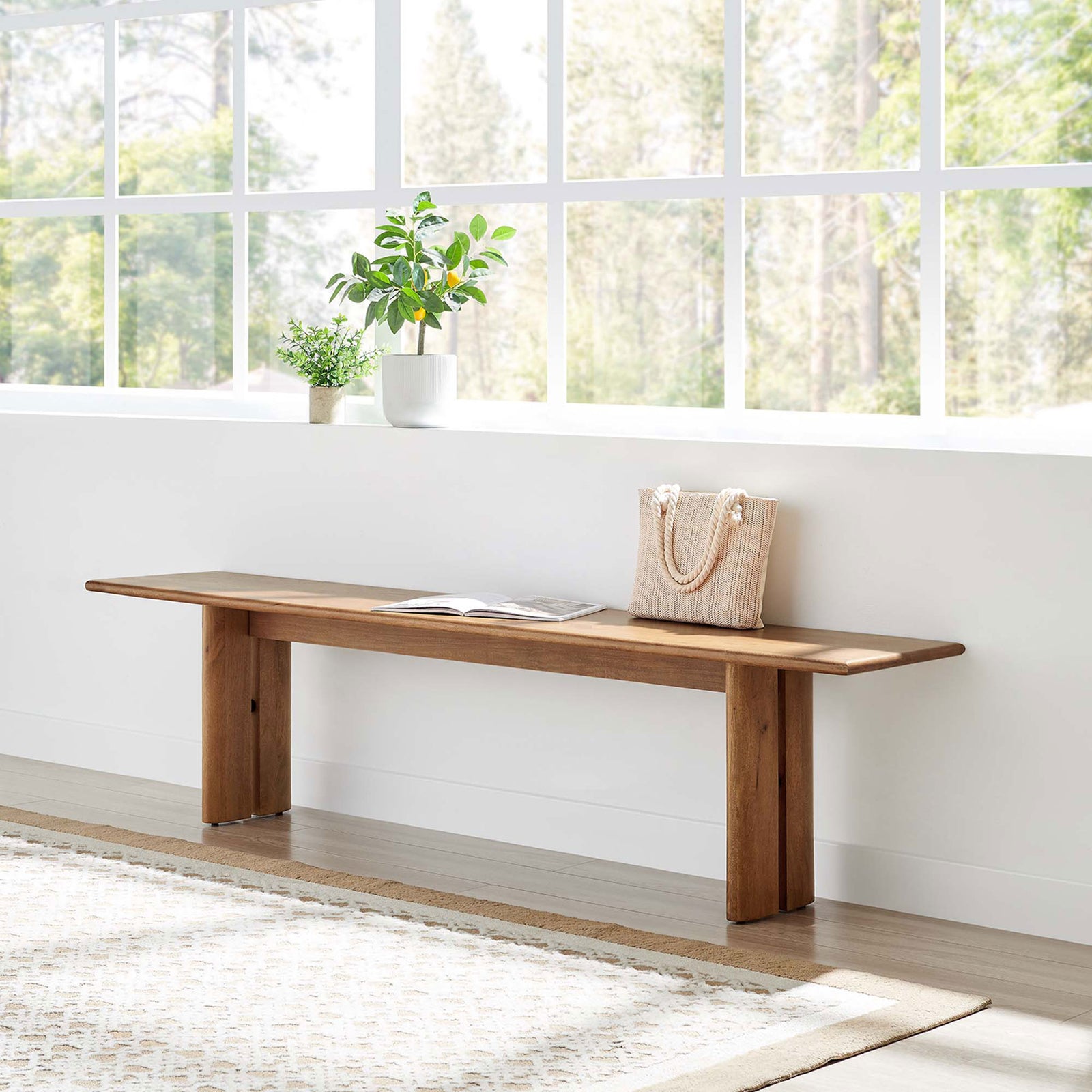 Long, clean silhouette warms bright interiors with natural wood texture. || EEI-6345-WAL || front_room