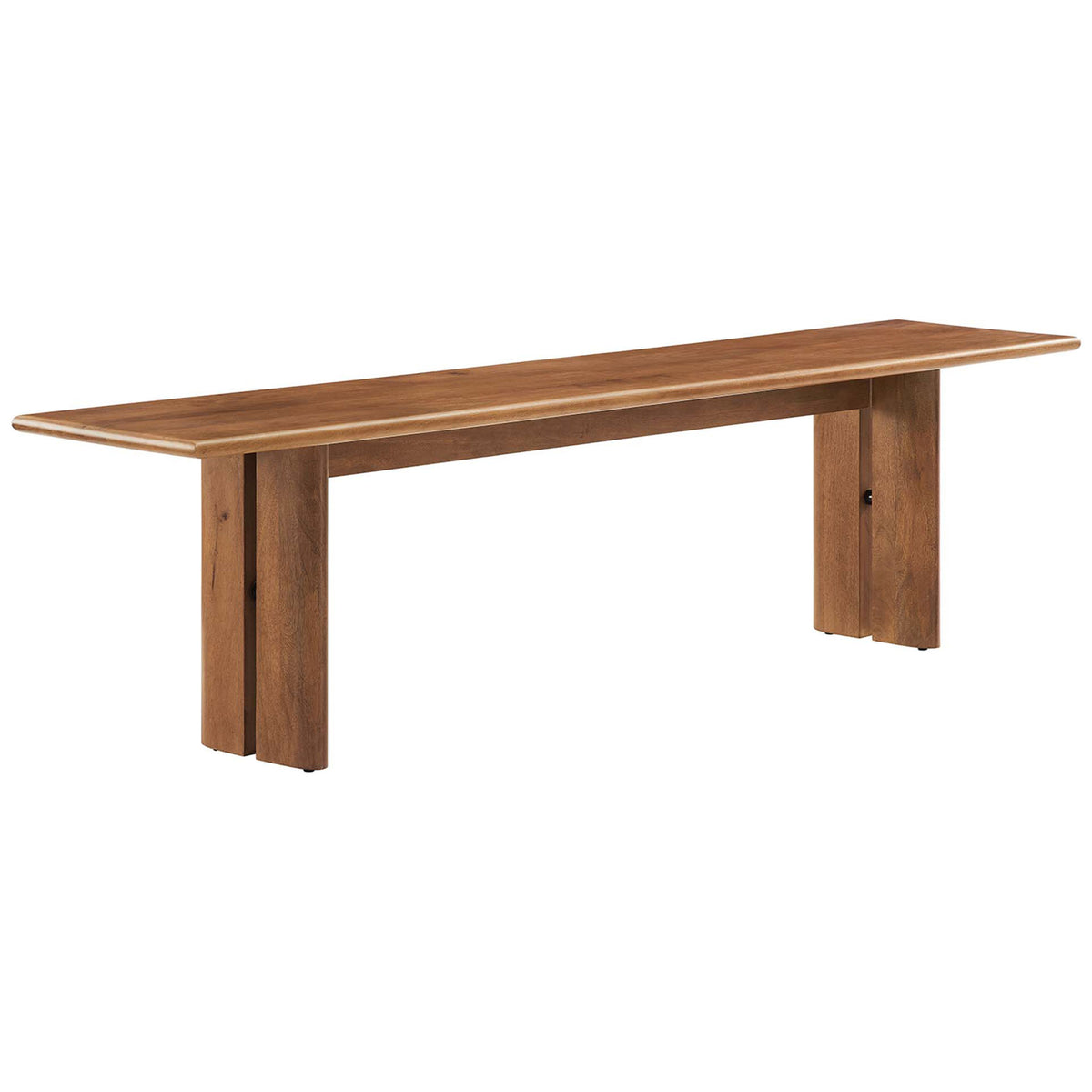 Elongated seat shows off flowing grain and twin-panel base with center stretcher. || EEI-6345-WAL || front_angle_studio