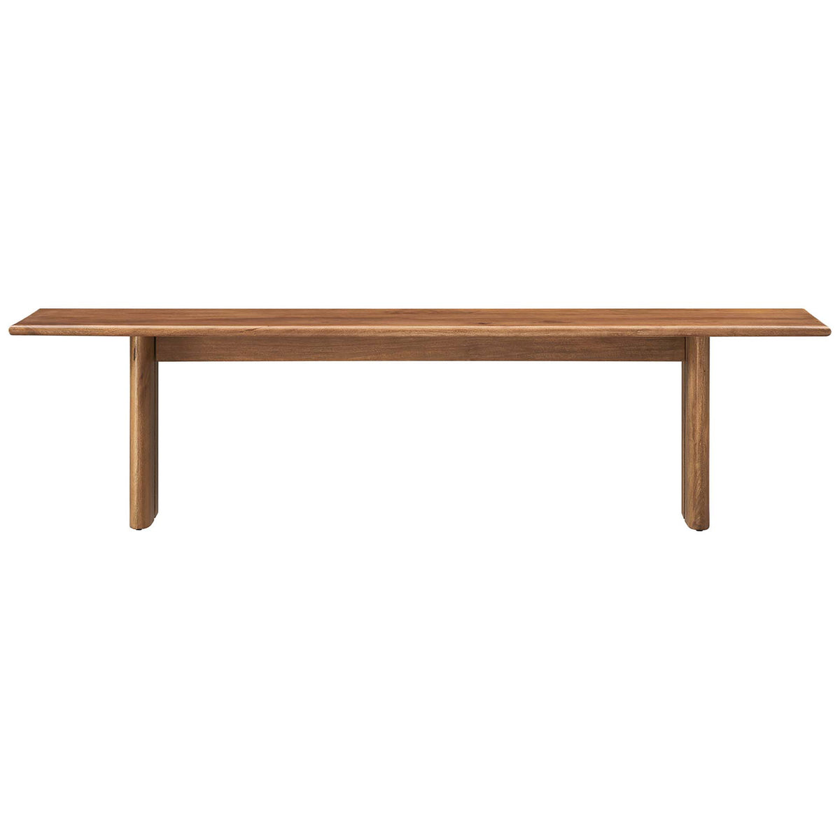 Extra-long mango wood bench finished in walnut with sculpted edges and sturdy pillar legs. || EEI-6345-WAL || front_studio